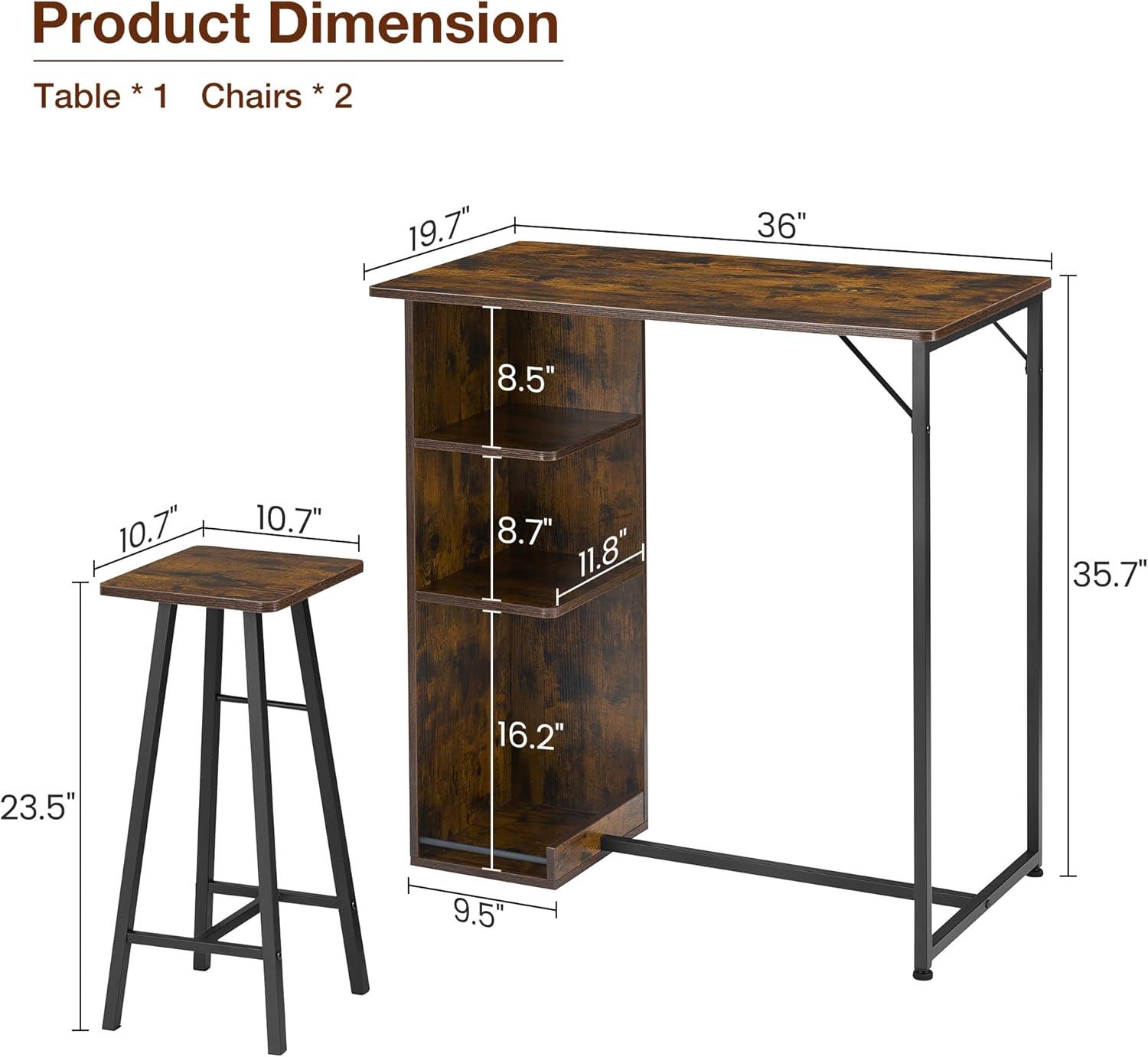 Garvee Small Bar Table and Chairs Set for 2, 3-Piece Bar Table Set with 3 Tier Storage Shelves, Space Saving Table for Small Apartment, Living Room