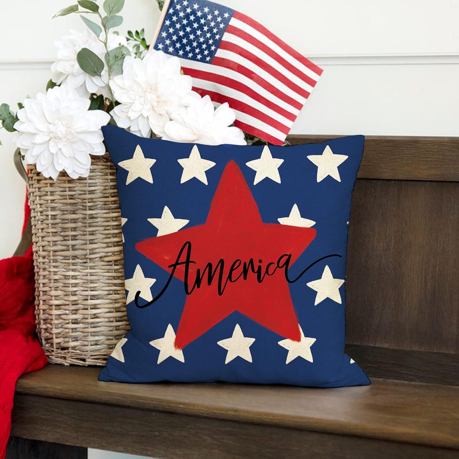 Patriotic USA Flag Cotton Linen Outdoor Pillow Covers Set