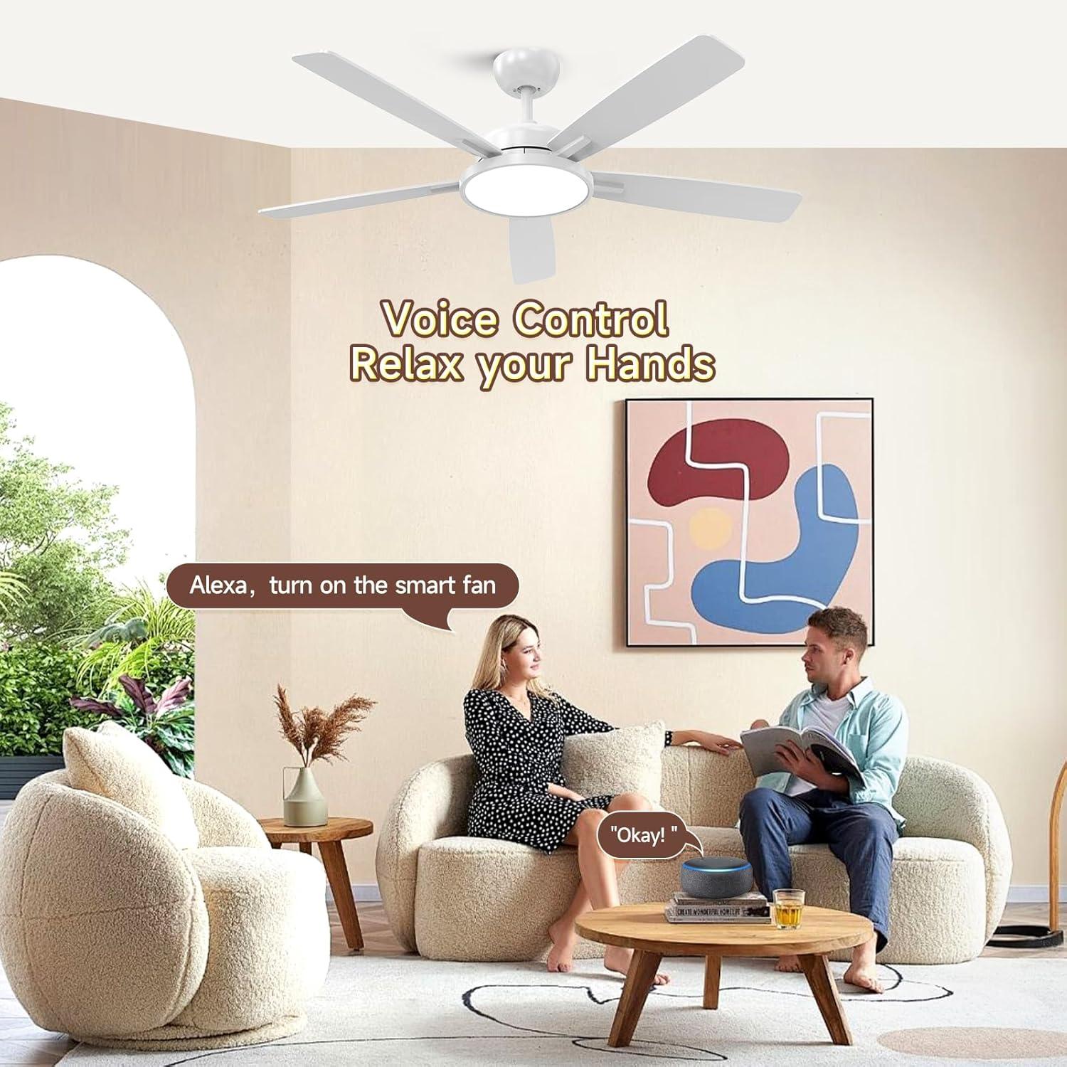 T5 52 in. Smart Indoor White Ceiling Fan with Dimmable LED Light Compatible with Google Home Alexa App Control