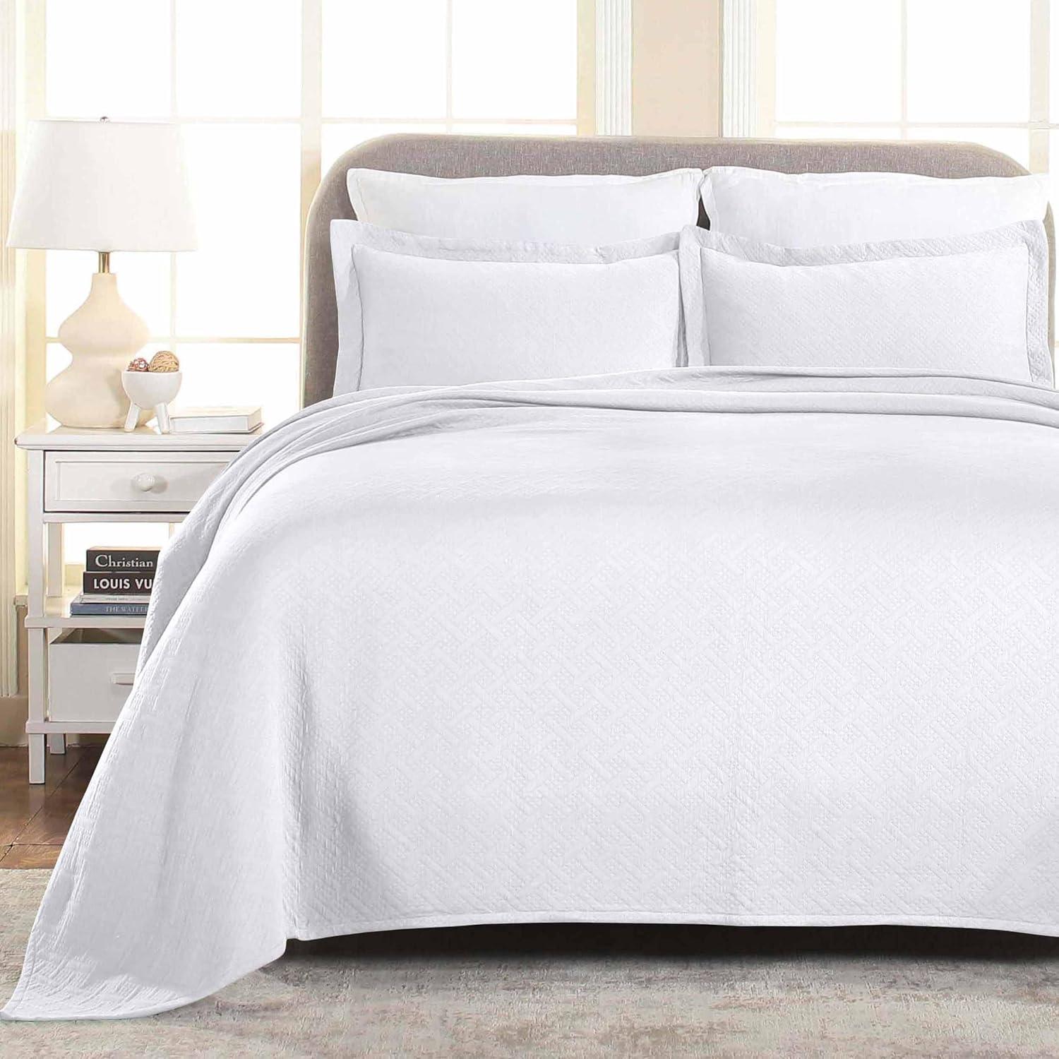 Superior 100% Cotton Basket Weave Bedspread 3 Piece Set, Full, White