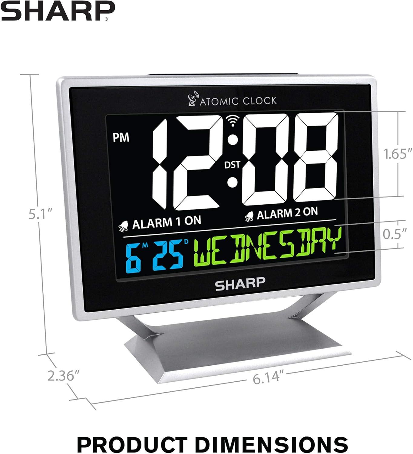 Sharp Digital Atomic Alarm Clock Color Display Atomic Accuracy Day of Week Time/Date Silver