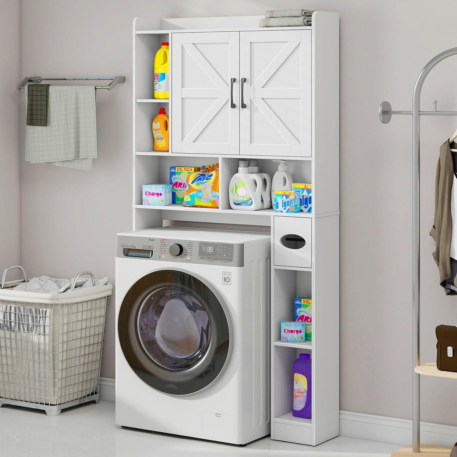 Over The Toilet Storage Cabinet, Farmhouse Storage Cabinet Over Toilet with Sliding Barn Door & Toilet Paper Holder Stand，Home Space-Saving Toilet Rack, for Bathroom, Restroom, Laundry（White）