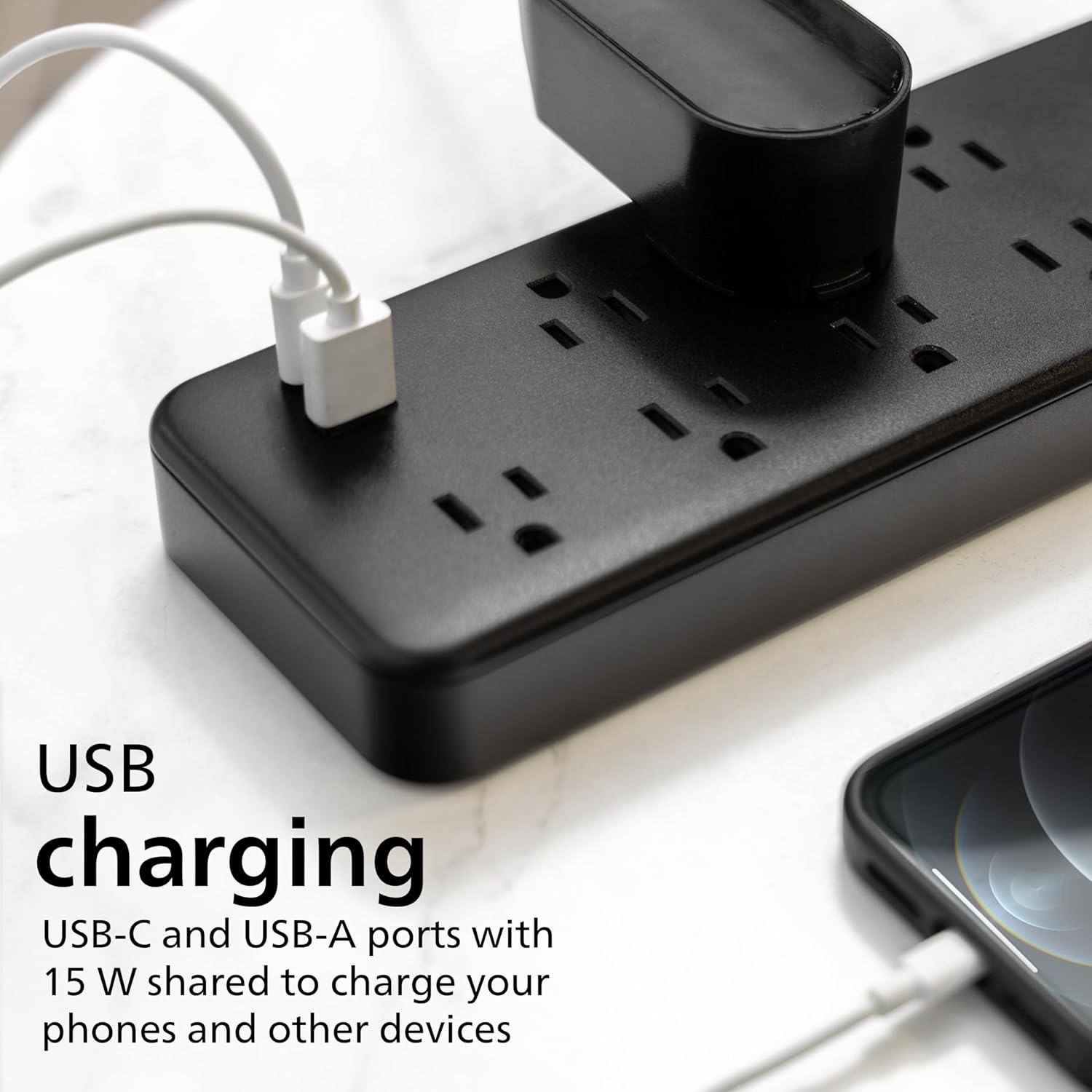 Philips 6-ft 7-Outlet Surge Protector, 7 Outlet, 1 USB-A, 1 USB-C, 15W, 1500J, Braided Cord, Black