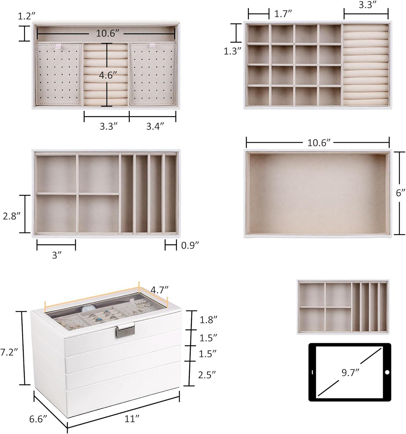 Latitude Run® Stackable Jewelry Trays, 4-Tier Jewelry Box, Drawer Jewelry Organizer, With Glass Lid, Removable Dividers, For Vanity Table, 6.7 X 11 X 7.2 Inches, Cloud White