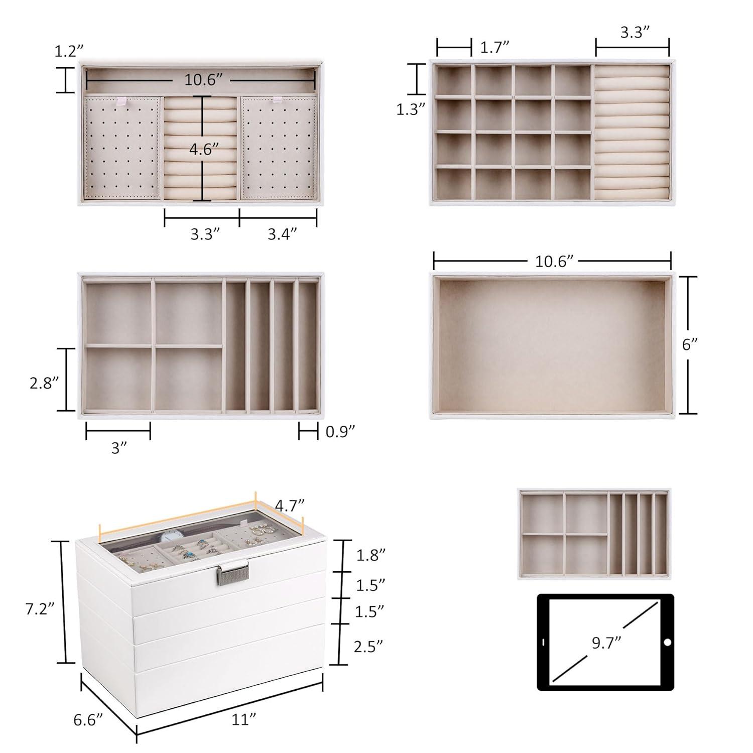 Latitude Run® Stackable Jewelry Trays, 4-Tier Jewelry Box, Drawer Jewelry Organizer, With Glass Lid, Removable Dividers, For Vanity Table, 6.7 X 11 X 7.2 Inches, Cloud White