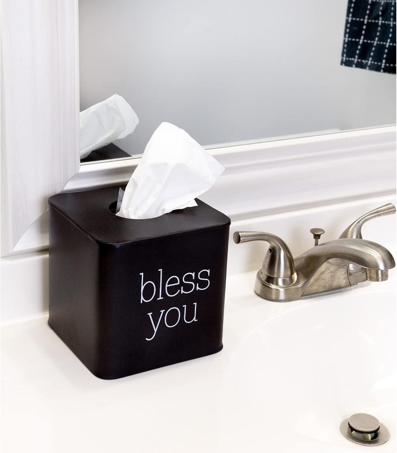 Black Enamel Square Tissue Box Cover with Bless You Text