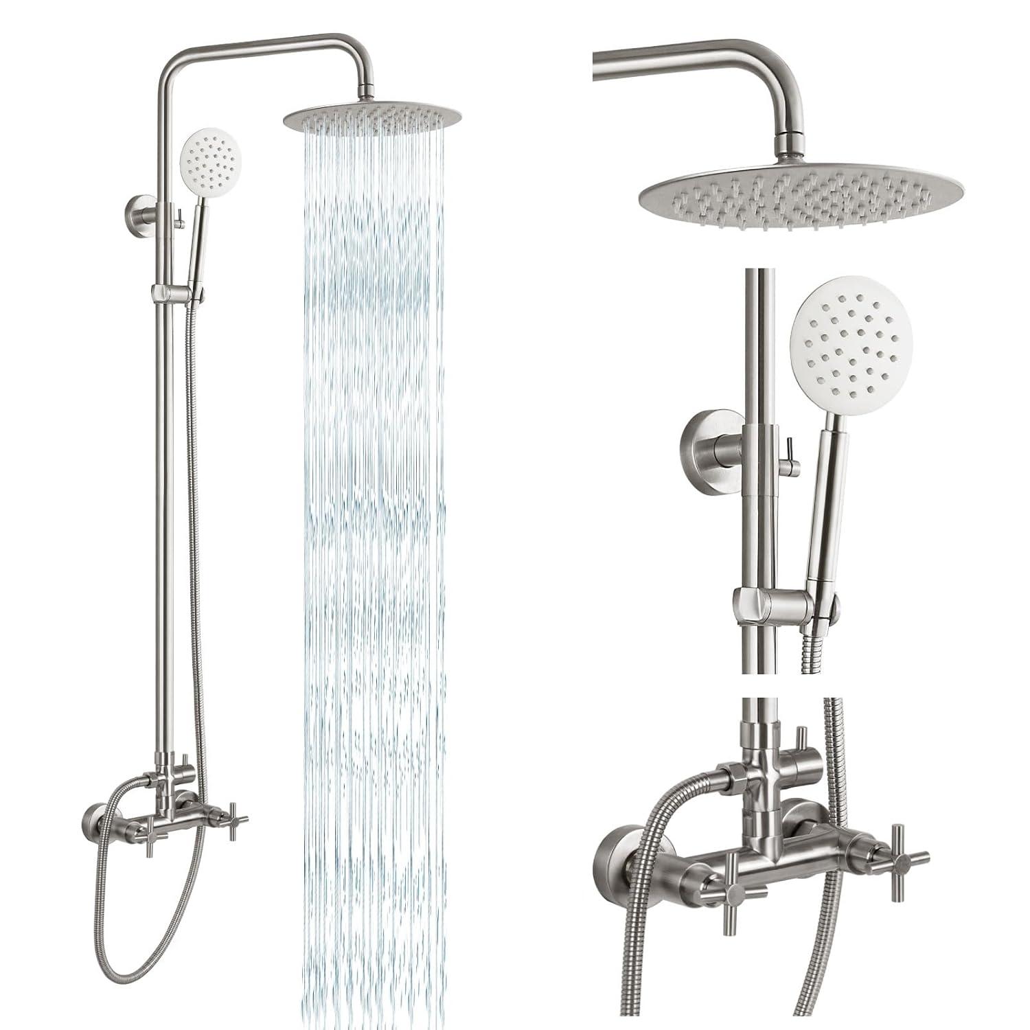 gotonovo SUS304 Outdoor Shower Fixture High Pressure Shower System Combo Wall Mount 2 Dual Function Shower Faucet Set Round Handheld Spray Brushed Nickel Single Handle