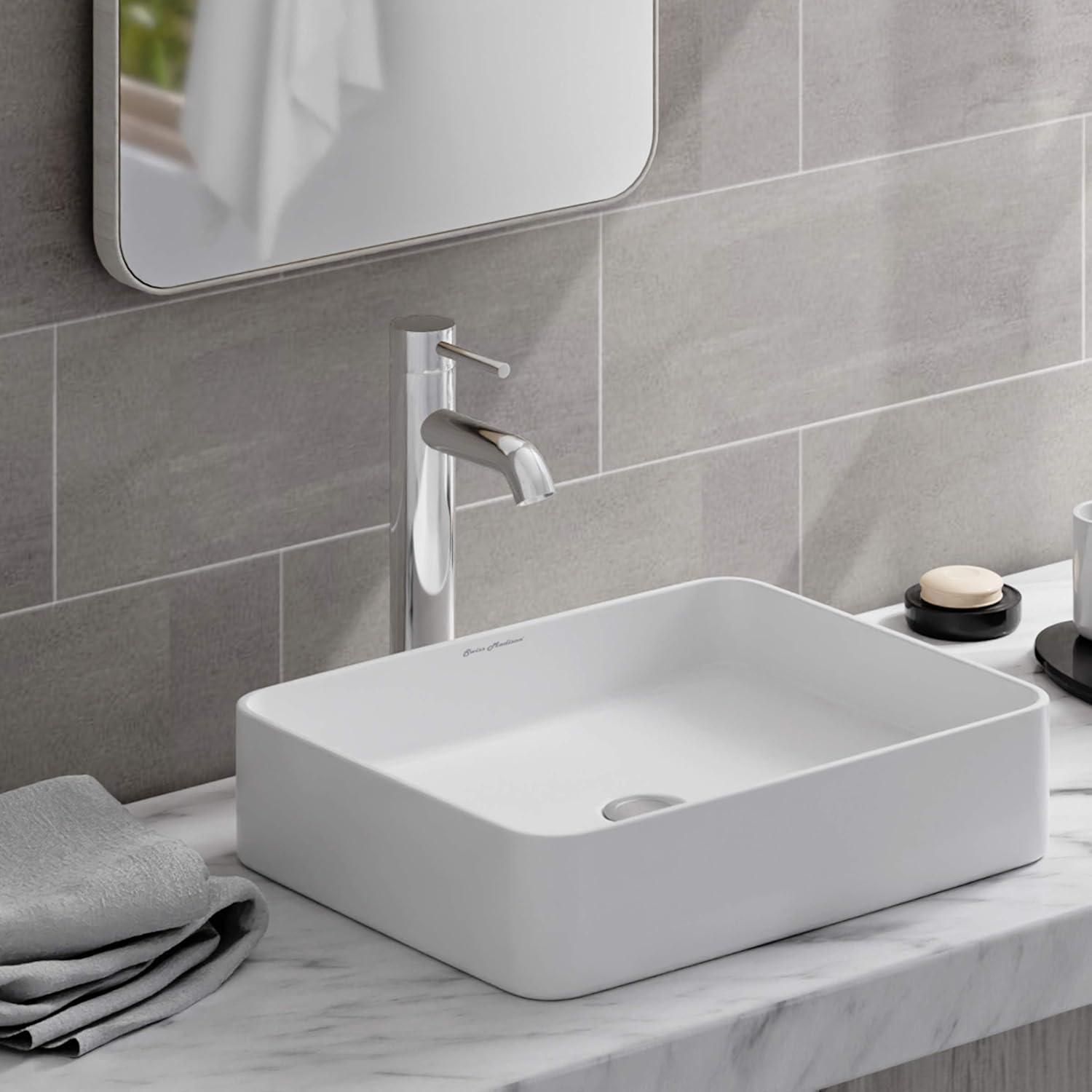 Glossy White Ceramic Rectangular Above-Counter Vessel Sink