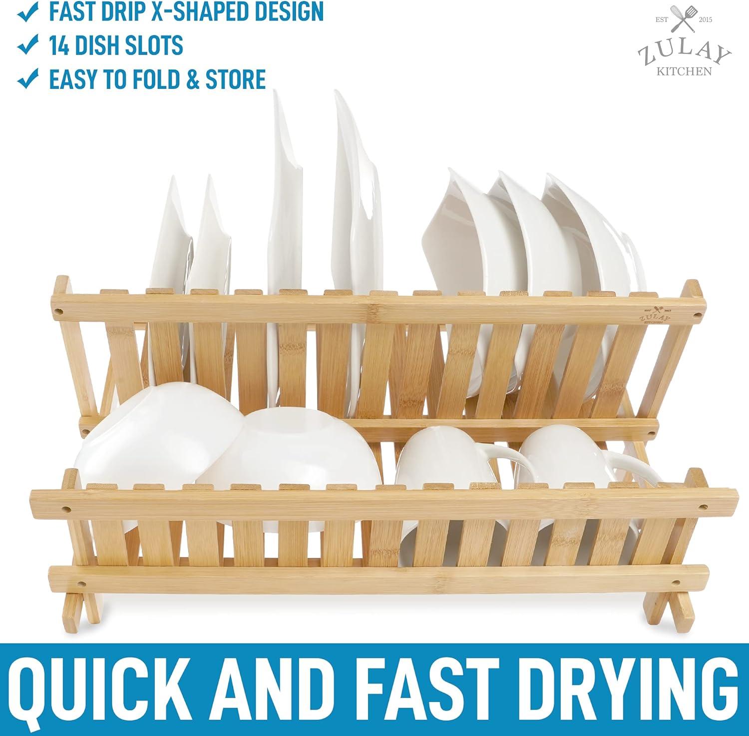 Zulay Kitchen 2-Tier Bamboo Collapsible Dish Drying Rack - Foldable Bamboo Dish Drying Rack Organizer For Countertop - Bamboo Dish Rack & Flatware Holder For Air Drying Plates