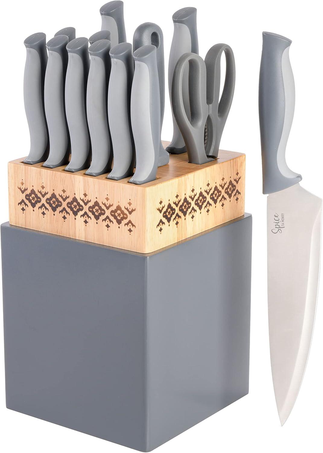 Gray 14-Piece High-Carbon Stainless Steel Cutlery Set with Rubberwood Block