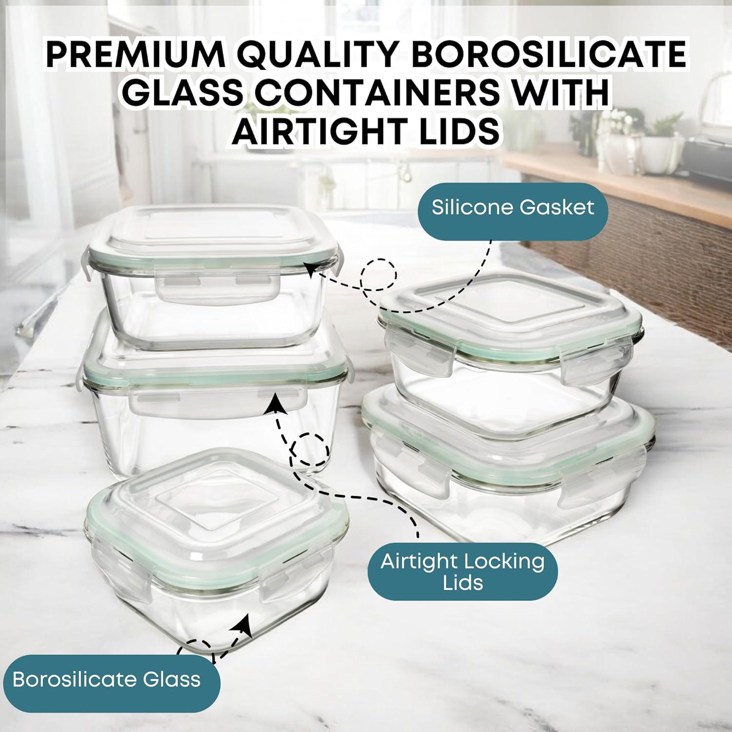 Razab 10-Piece Glass Food Storage Containers with Airtight Lids – Leakproof, BPA-Free, Oven, Microwave, Freezer & Dishwasher Safe Meal Prep Containers for Kitchen & Pantry Organization