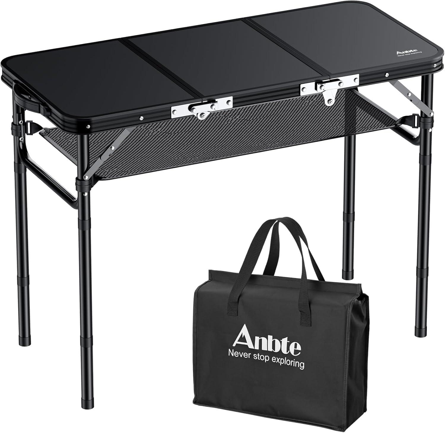 Black Aluminum Folding Camping Table with Adjustable Heights and Storage Net