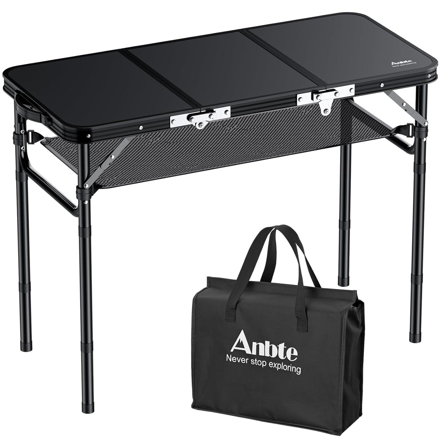 Black Aluminum Folding Camping Table with Adjustable Heights and Storage Net