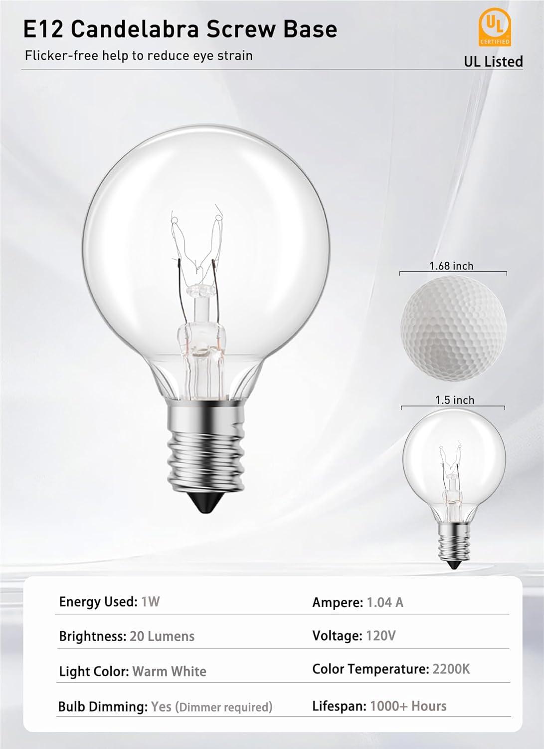 KY G40 Replacement LED Light Bulbs, 25 Pack Clear Globe Bulb fits E12 C7 Candelabra Screw Base Sockets, 1.5 Inch Dimmable Edison Light Bulbs for Indoor Outdoor Patio Decor, Warm White