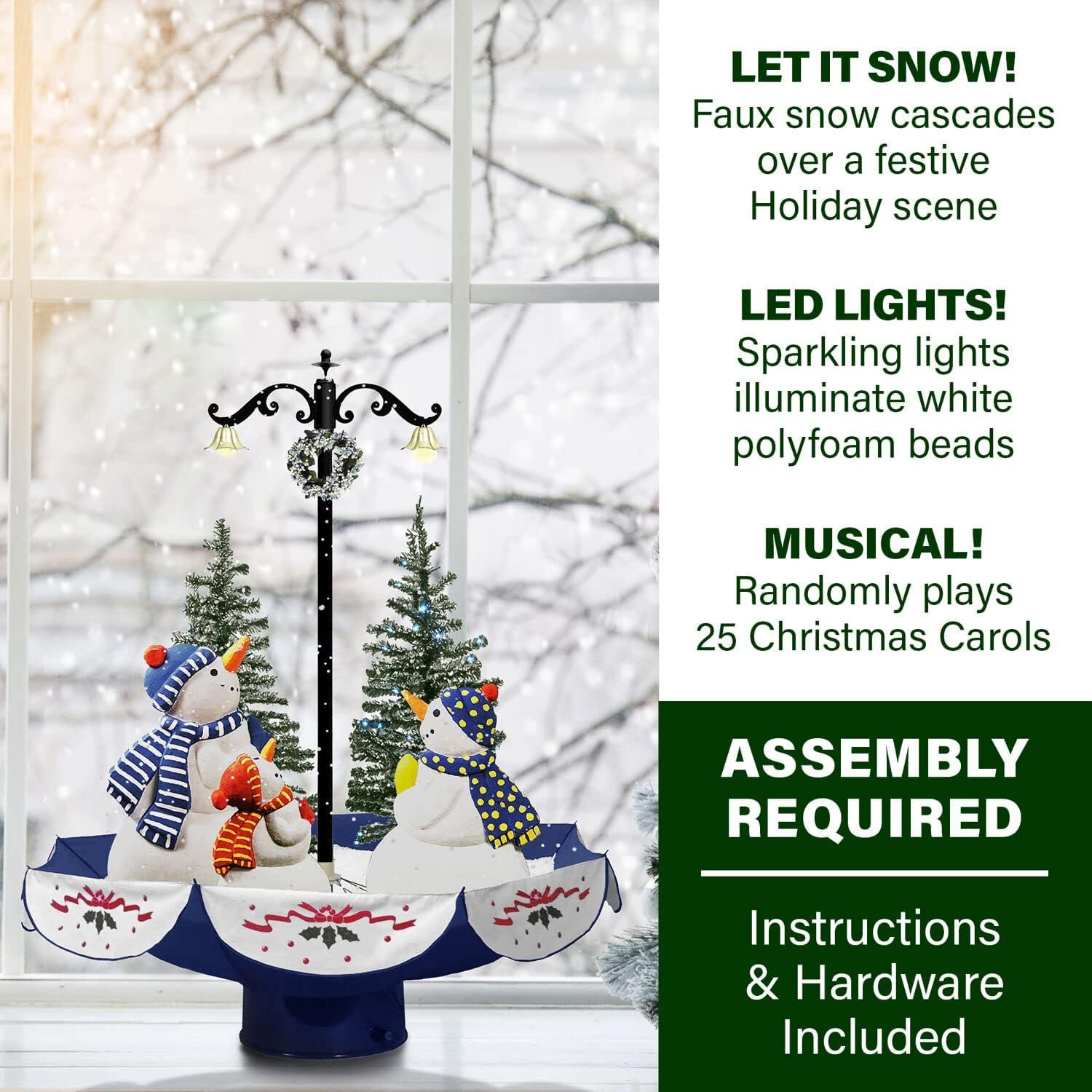 29-Inch Musical Snowman Family Scene with Blue Umbrella Base and Lights