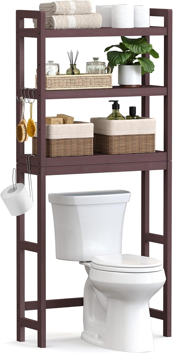 SONGMICS 3-Tier Over The Toilet Storage Bamboo Over Toilet Bathroom Organizer with Adjustable Shelf Brown