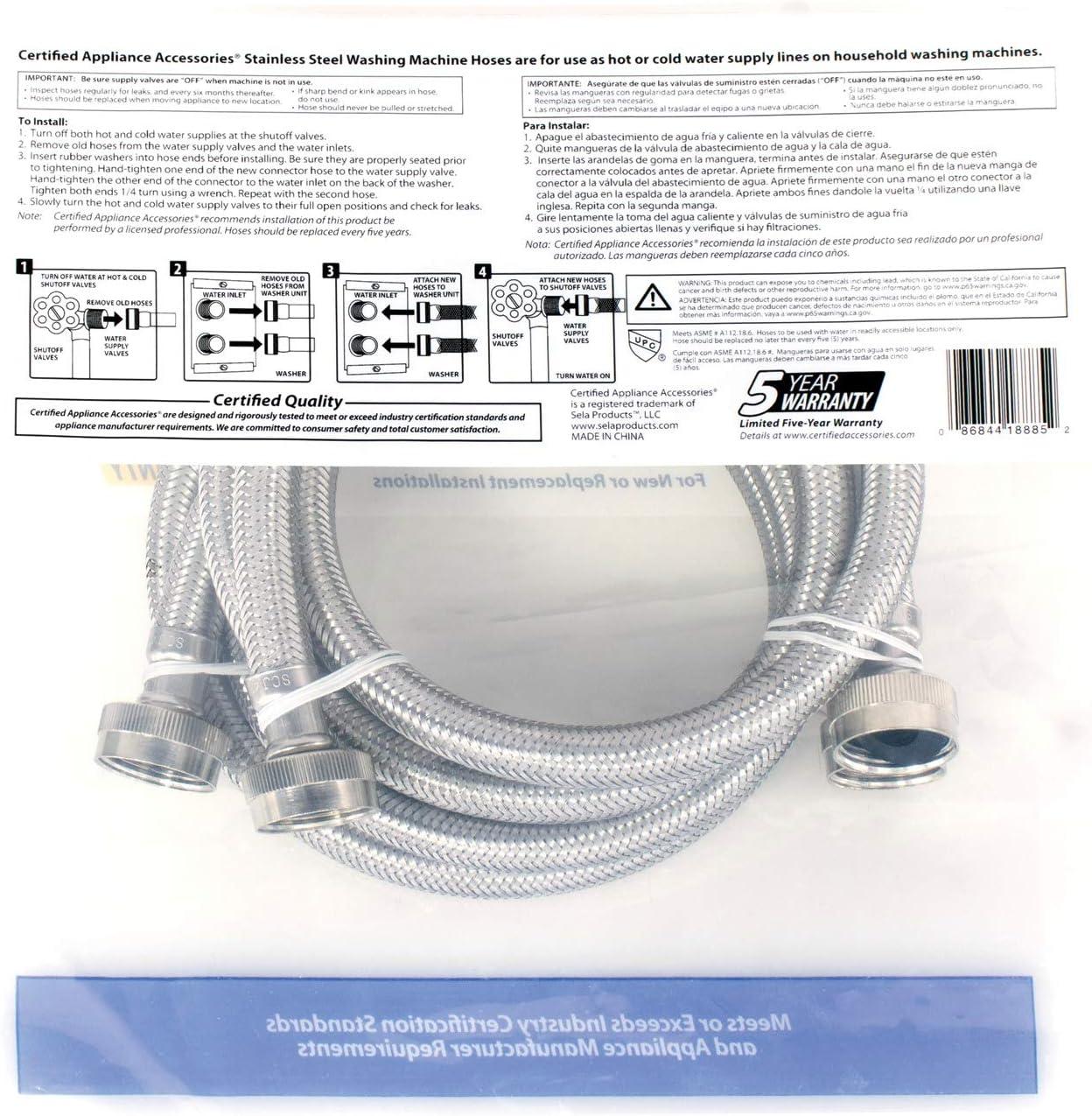 Certified Appliance Accessories® 2-Pack Braided Stainless Steel Washing Machine Hoses (4 Ft.) in Silver