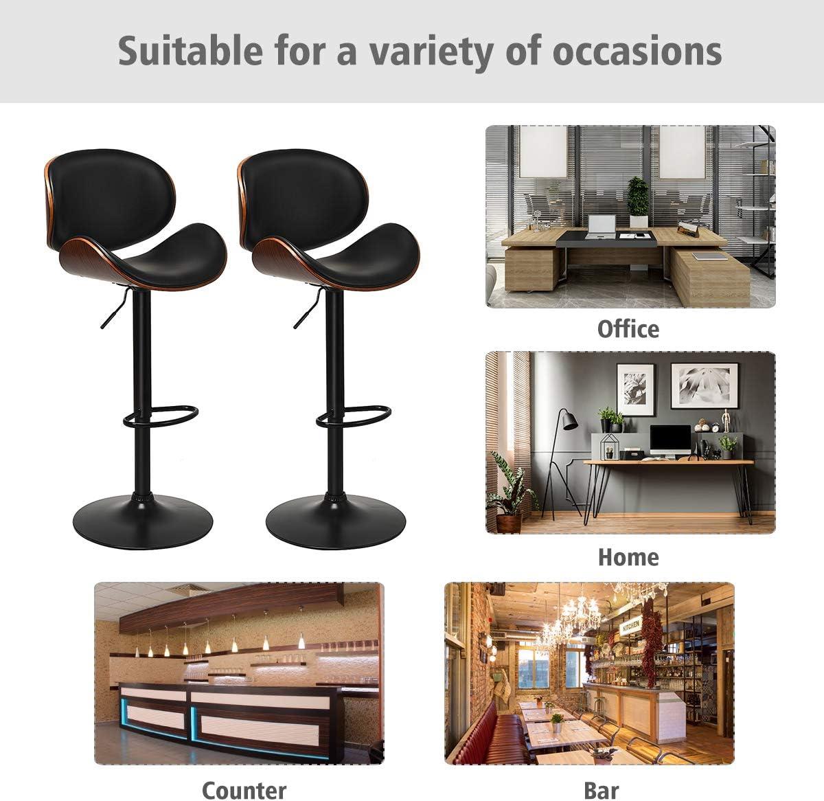 Set of 2 Adjustable Swivel Brown Metal Barstools with Curved Back