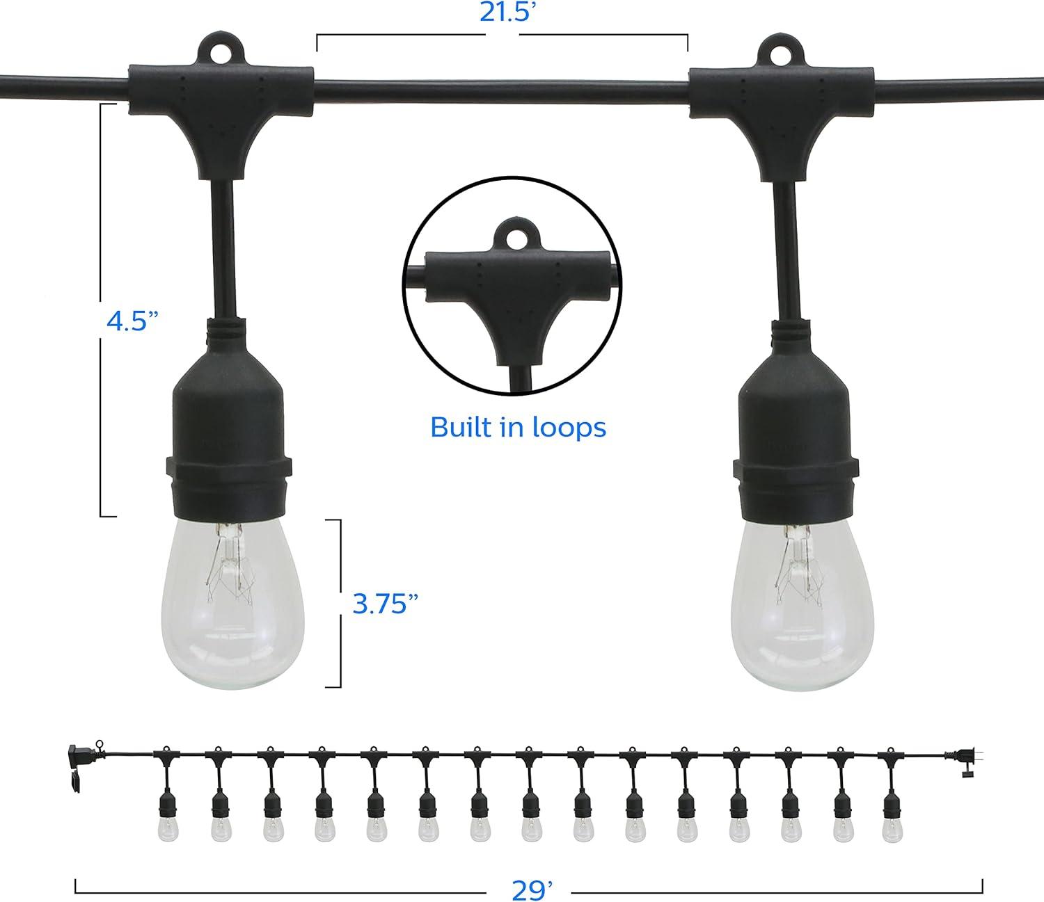 Philips 29 FT Outdoor String Lights with 15 Clear Incandescent Bulbs & Black Wire - Durable & Weatherproof - Hanging Decor for Parties, Weddings, Backyards, Decks, Patios - Vintage-Style Edison Bulbs