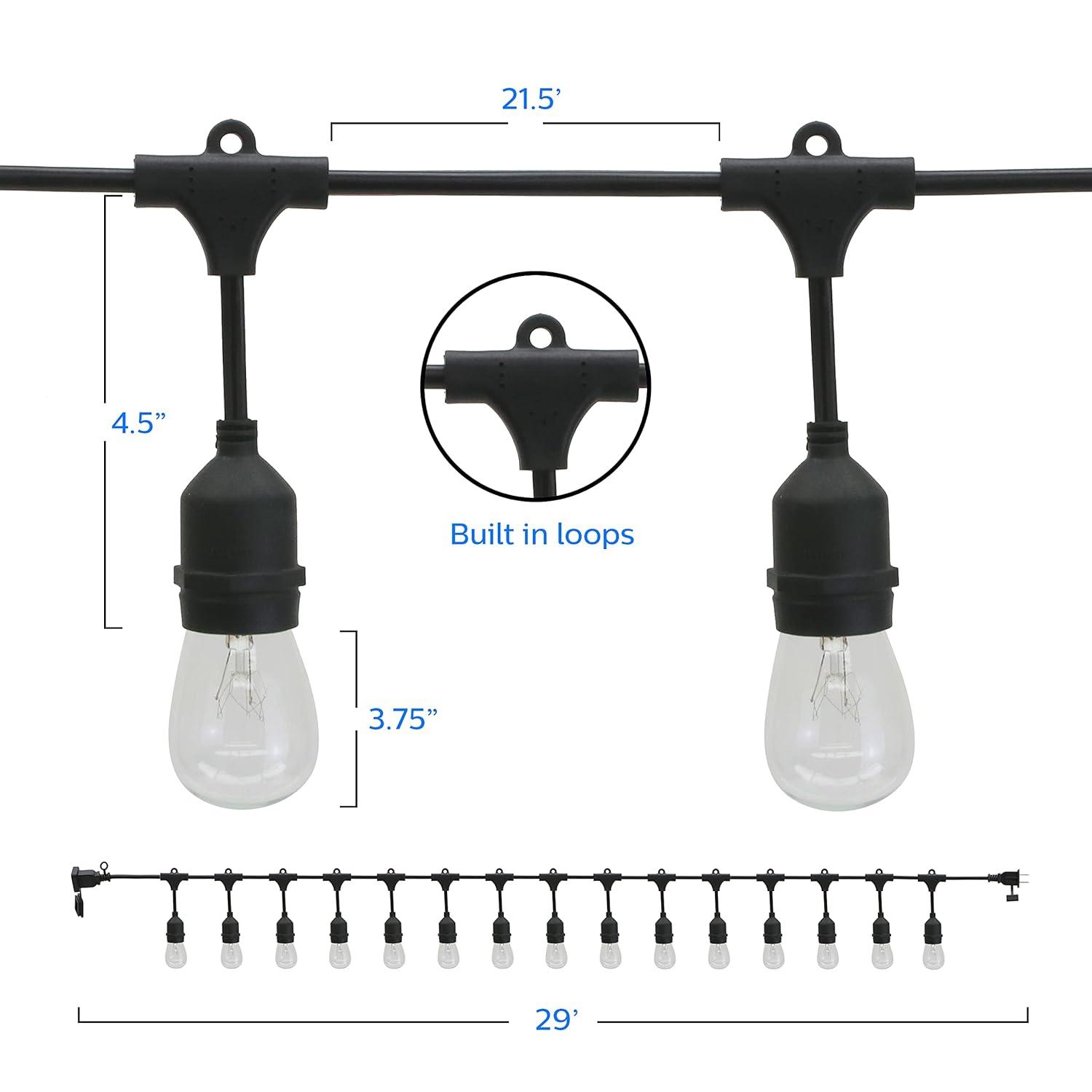 Philips 29 FT Outdoor String Lights with 15 Clear Incandescent Bulbs & Black Wire - Durable & Weatherproof - Hanging Decor for Parties, Weddings, Backyards, Decks, Patios - Vintage-Style Edison Bulbs