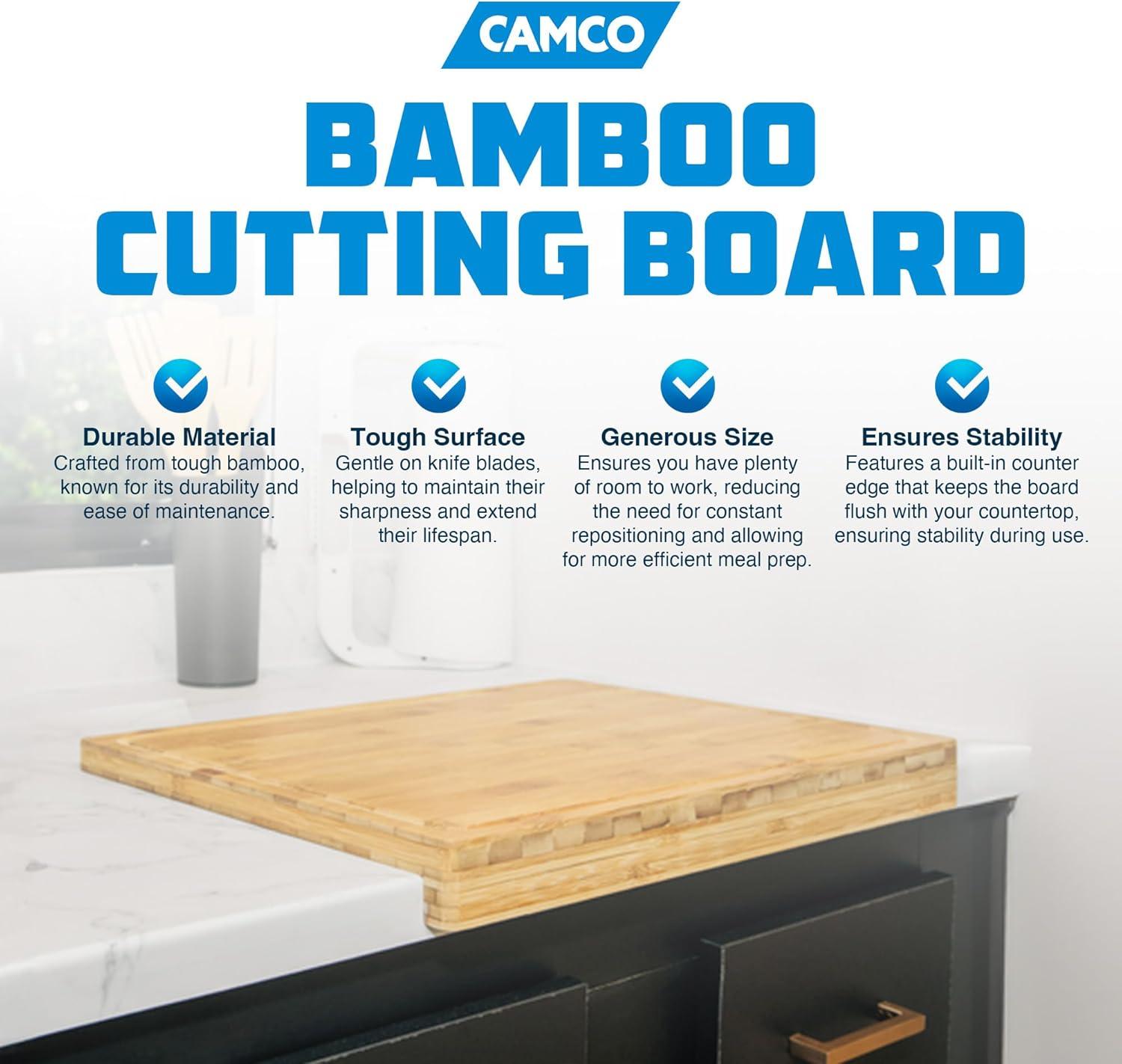 Camco Camper/RV Bamboo Cutting Board | Features Built-In Counter Edge & Juice Groove | Measures 18-inches x 14-inches x 1-3/4-inches (43545)