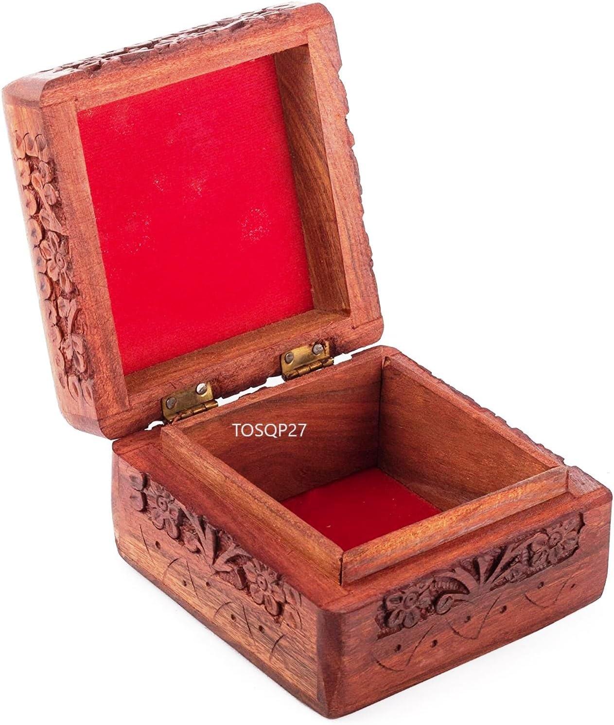 TOSQP27 Jewelry Box Gift for Women Men Girls Mom Mother Sister Father Gifts Novelty Unique Artisan Travel Portable Case Hand Carved Rosewood Jewel Organizer