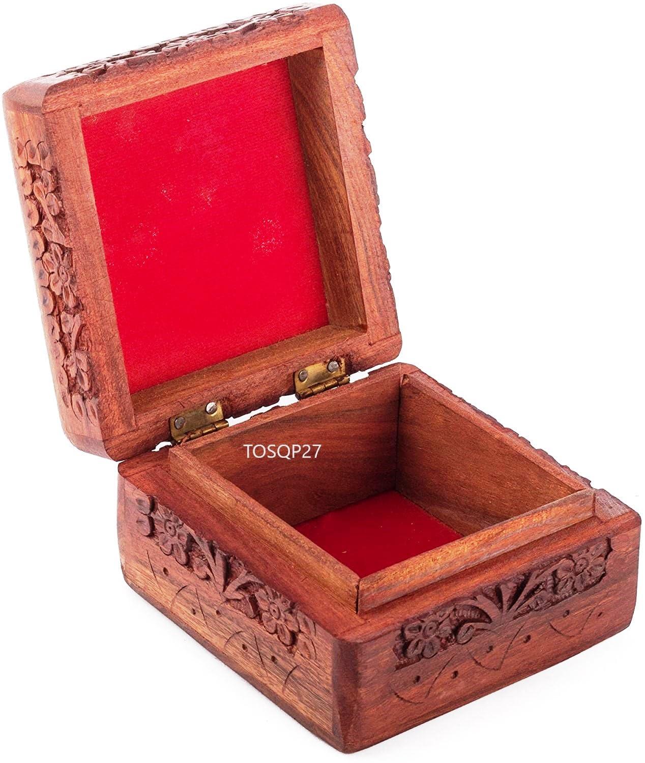 TOSQP27 Jewelry Box Gift for Women Men Girls Mom Mother Sister Father Gifts Novelty Unique Artisan Travel Portable Case Hand Carved Rosewood Jewel Organizer
