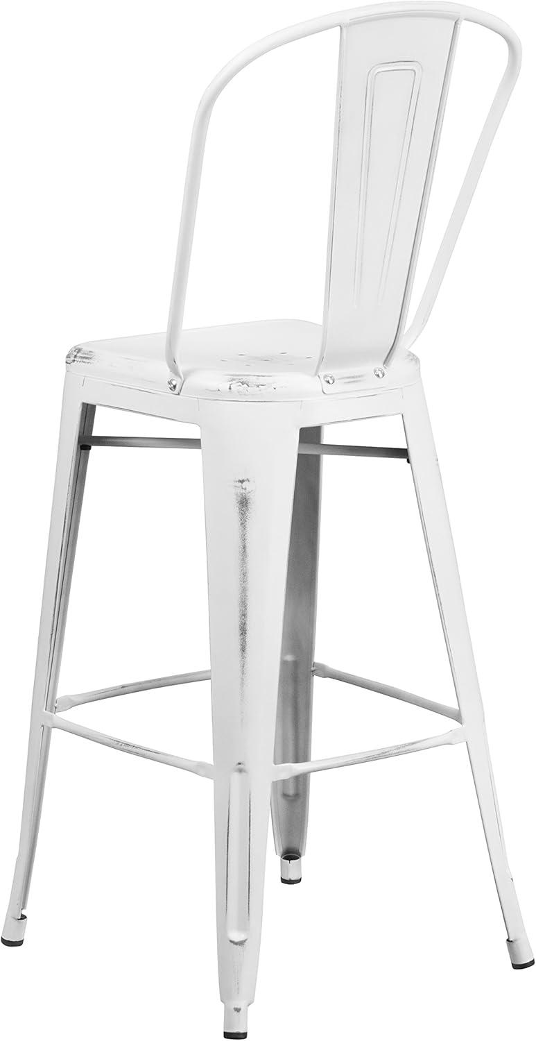 Flash Furniture Commercial Grade 30" High Distressed White Metal Indoor-Outdoor Barstool with Back