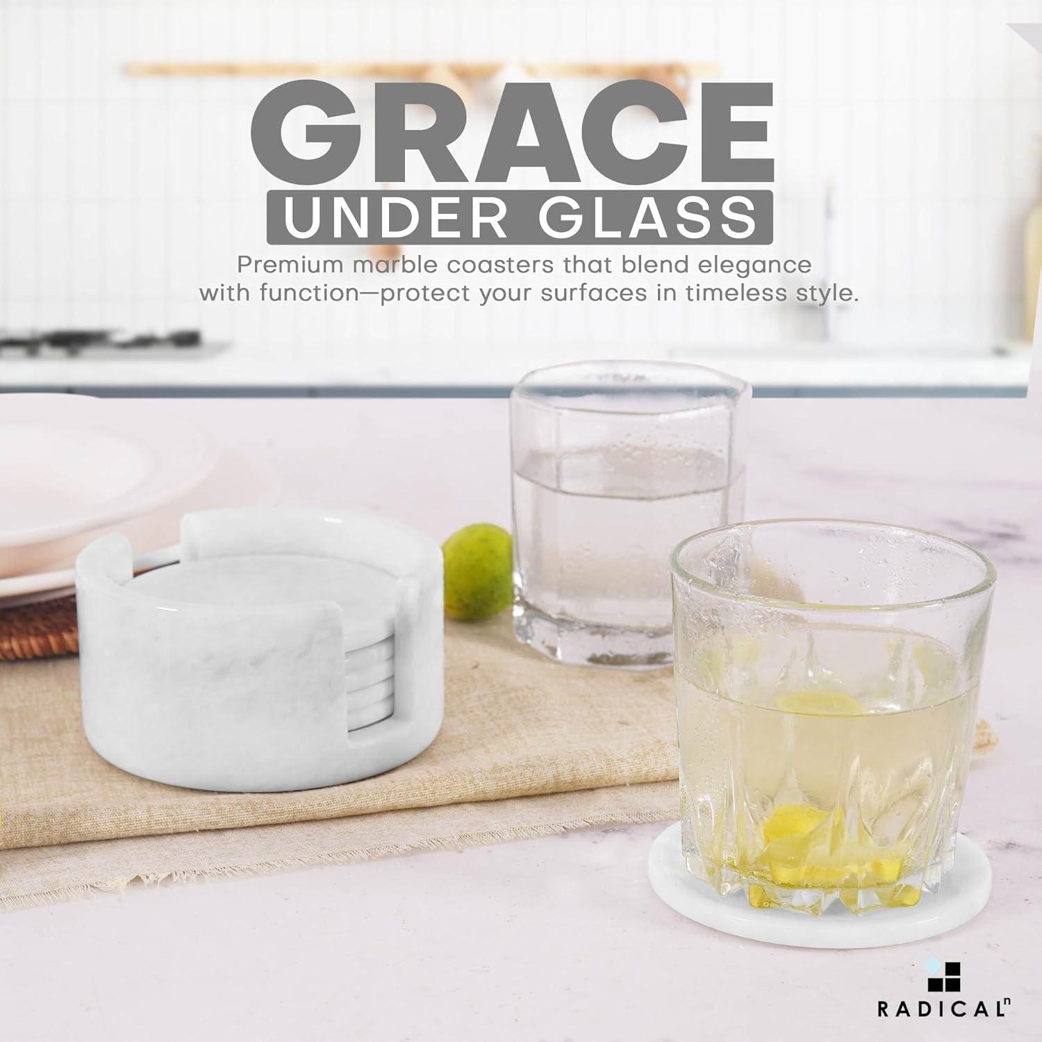 Radicaln White Marble Drink Coasters with Holder – 3.5" Round Handmade Coasters Set of 6 for Kitchen Table, Coffee Table, Bar, Home and Office Décor