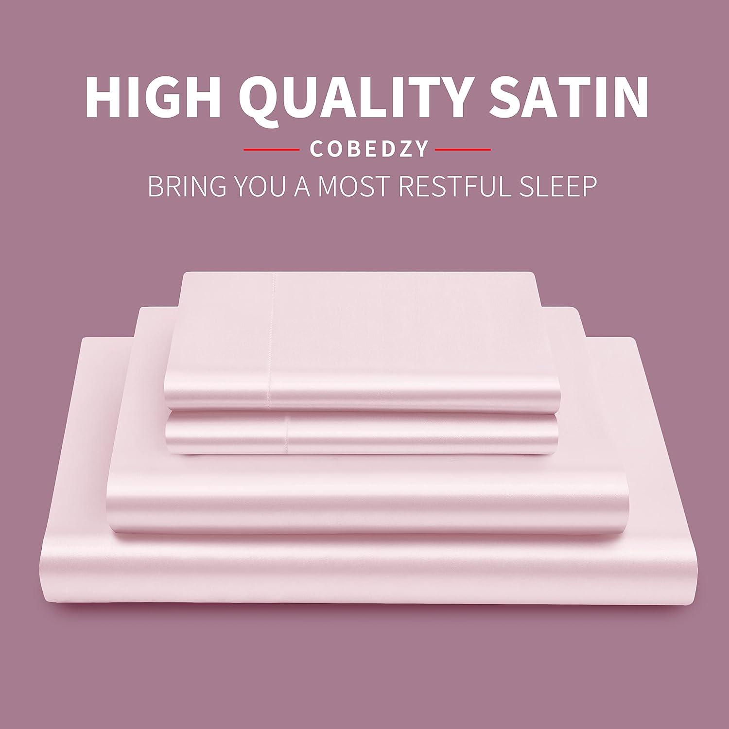 ANMINY Satin Sheets Twin Silk Sheets Bean Paste Color Bed Sheet Set Deep Pocket Bed Flat Fitted Sheet, 3-Pieces