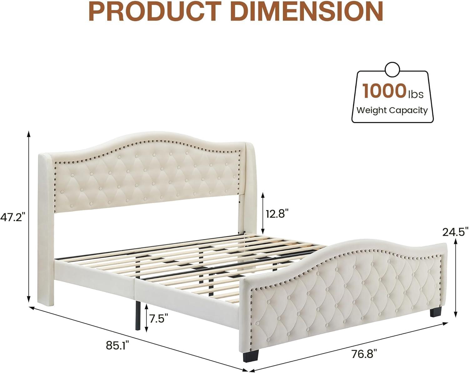 King Size Beige Upholstered Platform Bed with Tufted Headboard