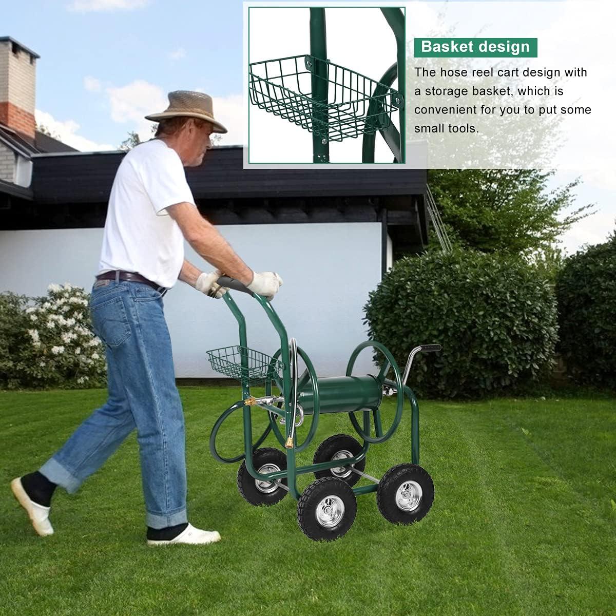 Dkeli Hose Reel Cart Garden Hose Carts with Wheels Heavy Duty Portable Water Hose Cart 4 Wheels Outdoor Yard Lawn Planting Truck with Storage Basket, Green