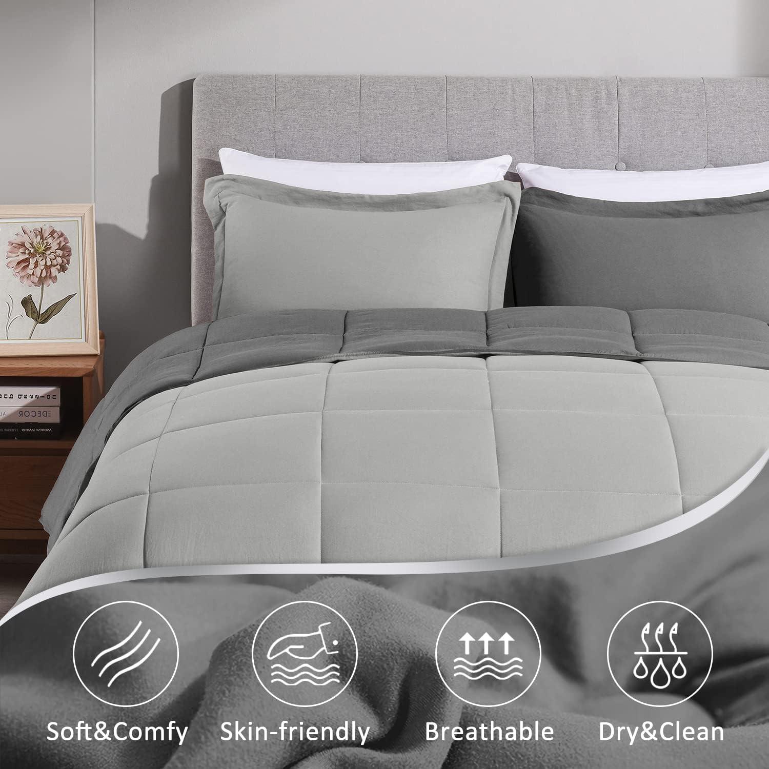 LOVTEX 3PCS Grey Comforter Queen Set - Ultra Soft Washed Microfiber Queen Comforter Set - Reversible Down Alternative Comforter with 2 Pillow Shams(Grey/Charcoal)