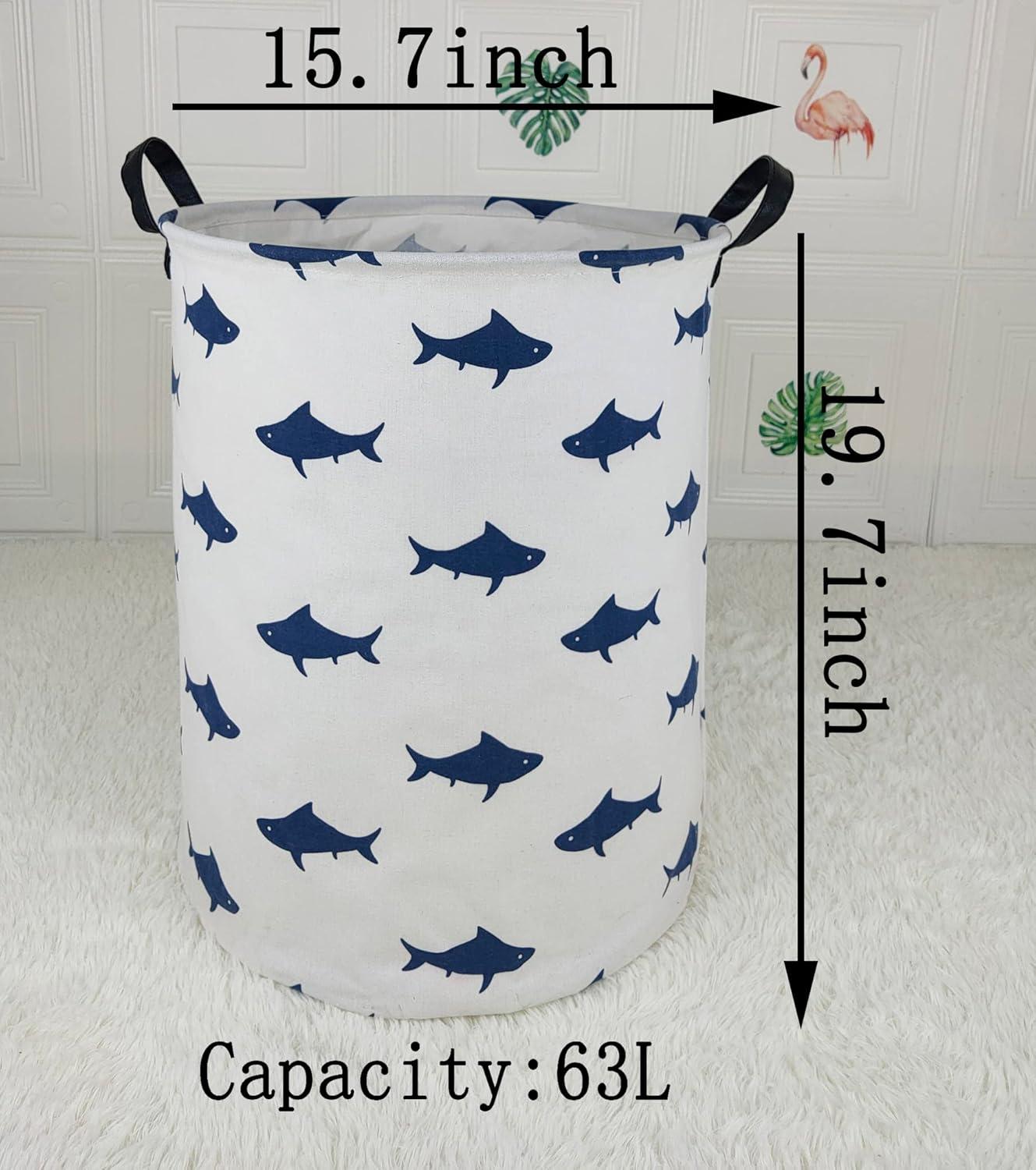 HUAYEE Round Laundry Basket Waterproof Round Cotton Linen Collapsible Storage bin with Handles for Hamper Kids Room,Toy Storage(navy shark)