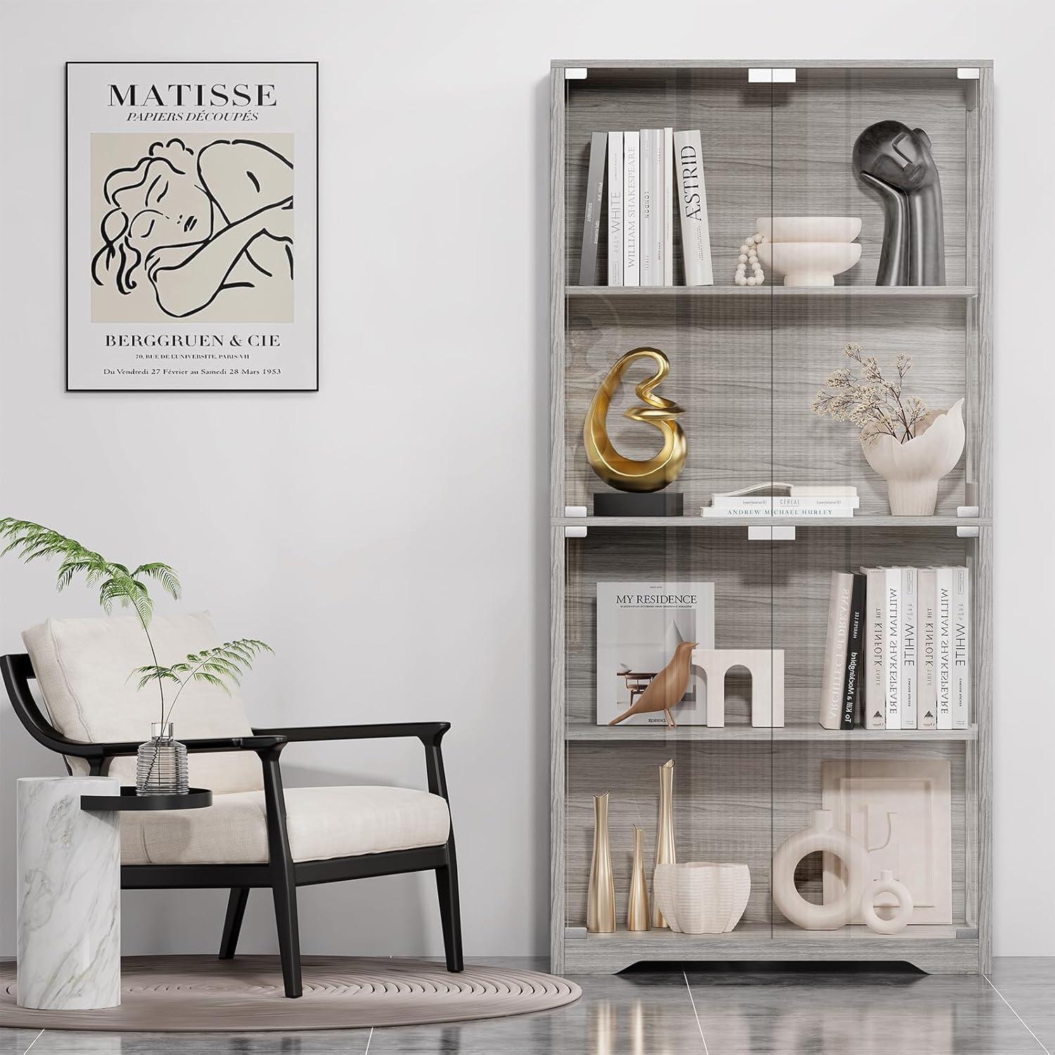 Display Cabinet with Glass Doors, 4-Tier Curio Cabinet&Bookcase with 3 Color Light for Collectibles