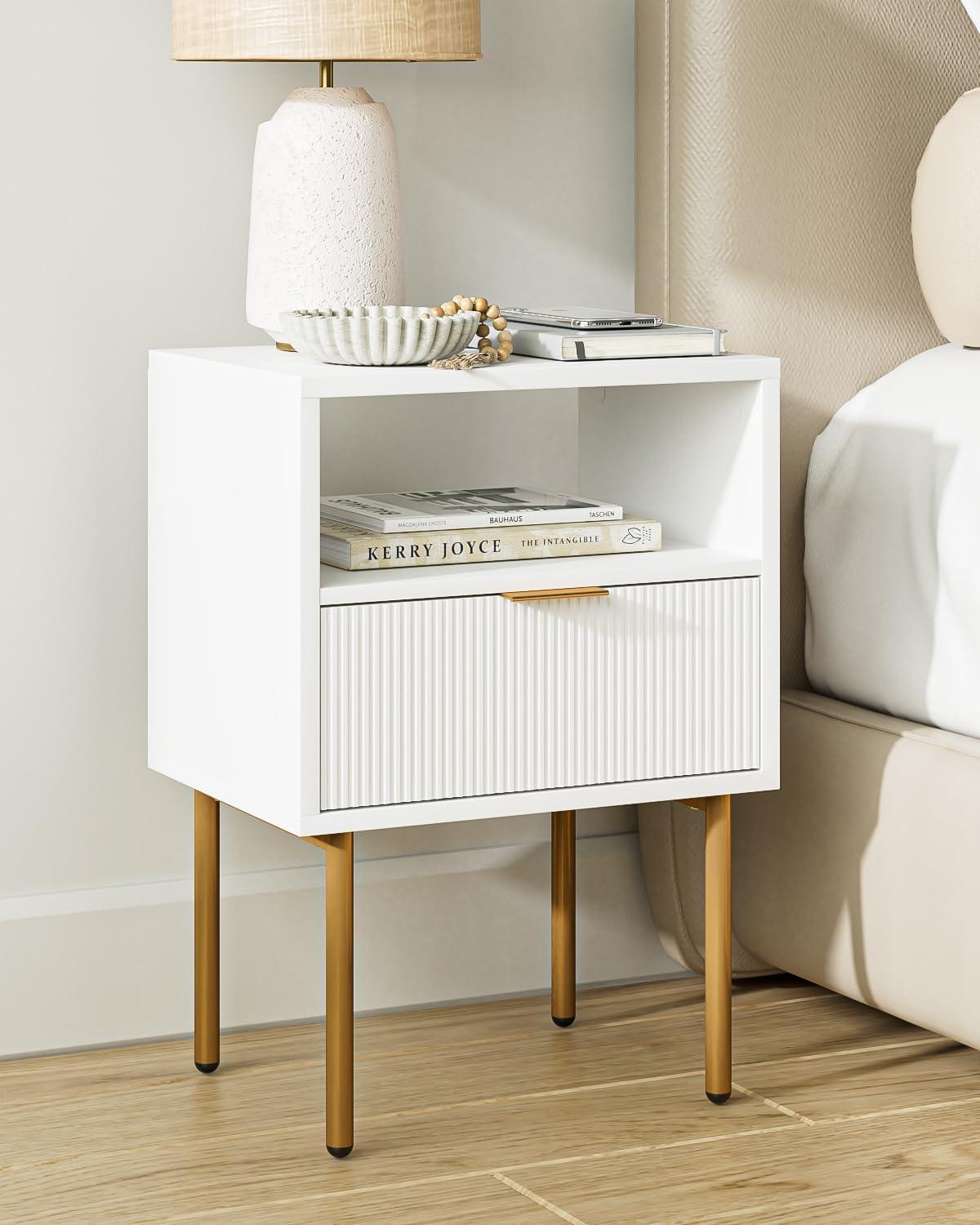 White and Gold Modern Nightstand with Drawer and Shelf