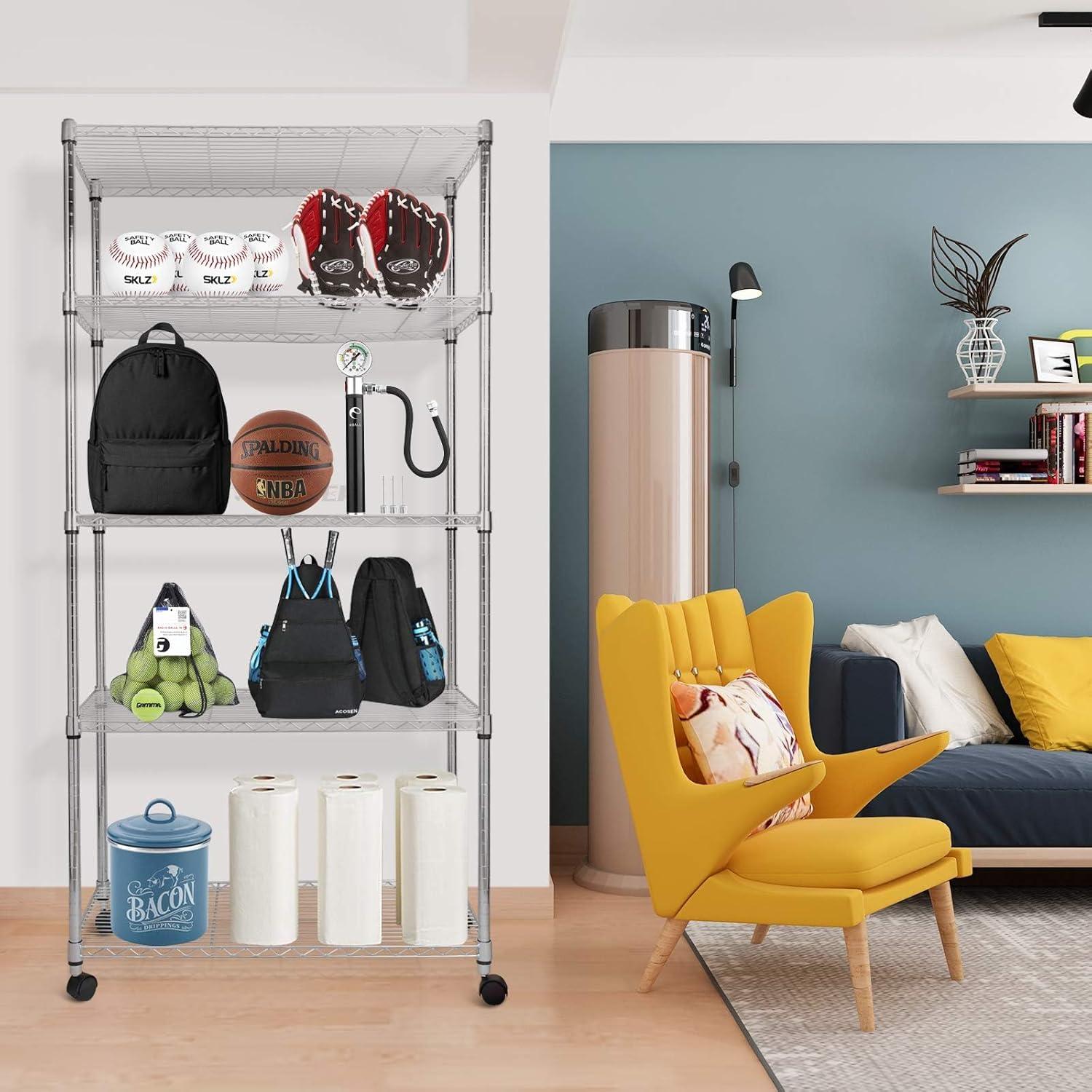 YSSOA Heavy Duty 5-Shelf Storage Shelves, 1750Lb Loading Capacity, 35.43" W x 17.72" D x 70.87" H Adjustable Shelving Unit with Wheels, Chrome, 1 Pack