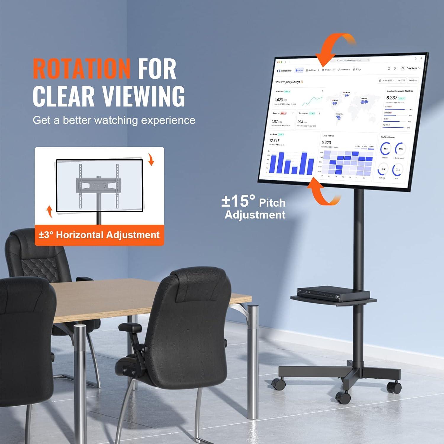 VEVOR Mobile TV Stand, Mobile TV Cart for 23 to 60 inch TVs, Height Adjustable Portable TV Stand with Wheels, with A Tray for Audio-Visual Devices