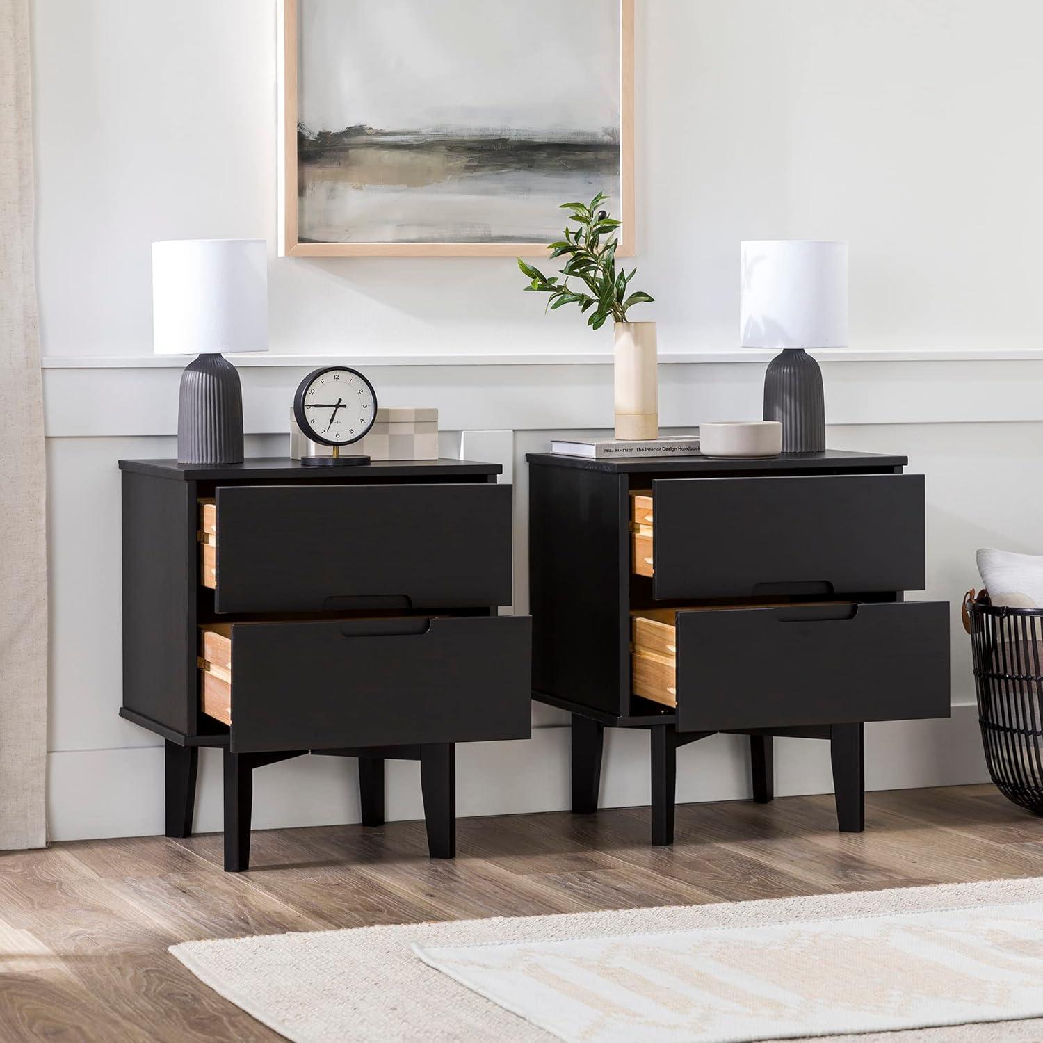 Black Solid Wood 2-Drawer Nightstands Set of 2