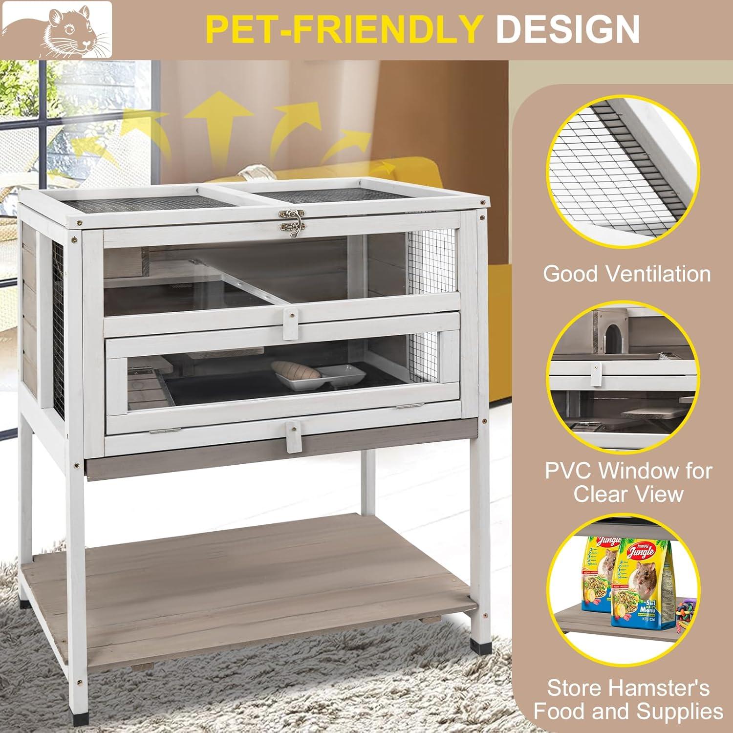 PETSCOSSET 3-Tier Wooden Hamster Cage with Storage Shelf Indoor Outdoor Large Guinea Pig Cage House and Habitat