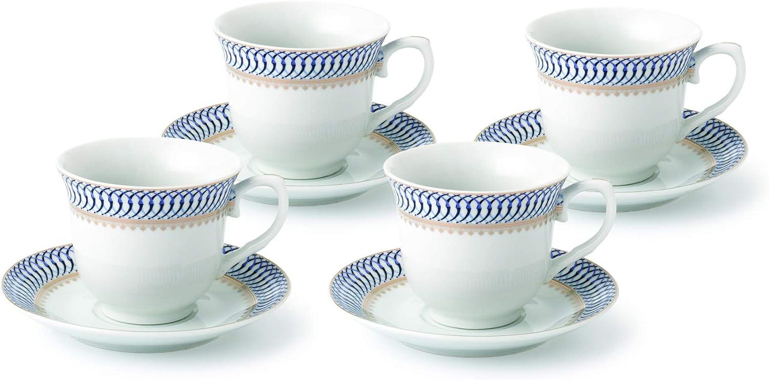 Elegant Blue and Gold Porcelain Tea Cup Set for Four