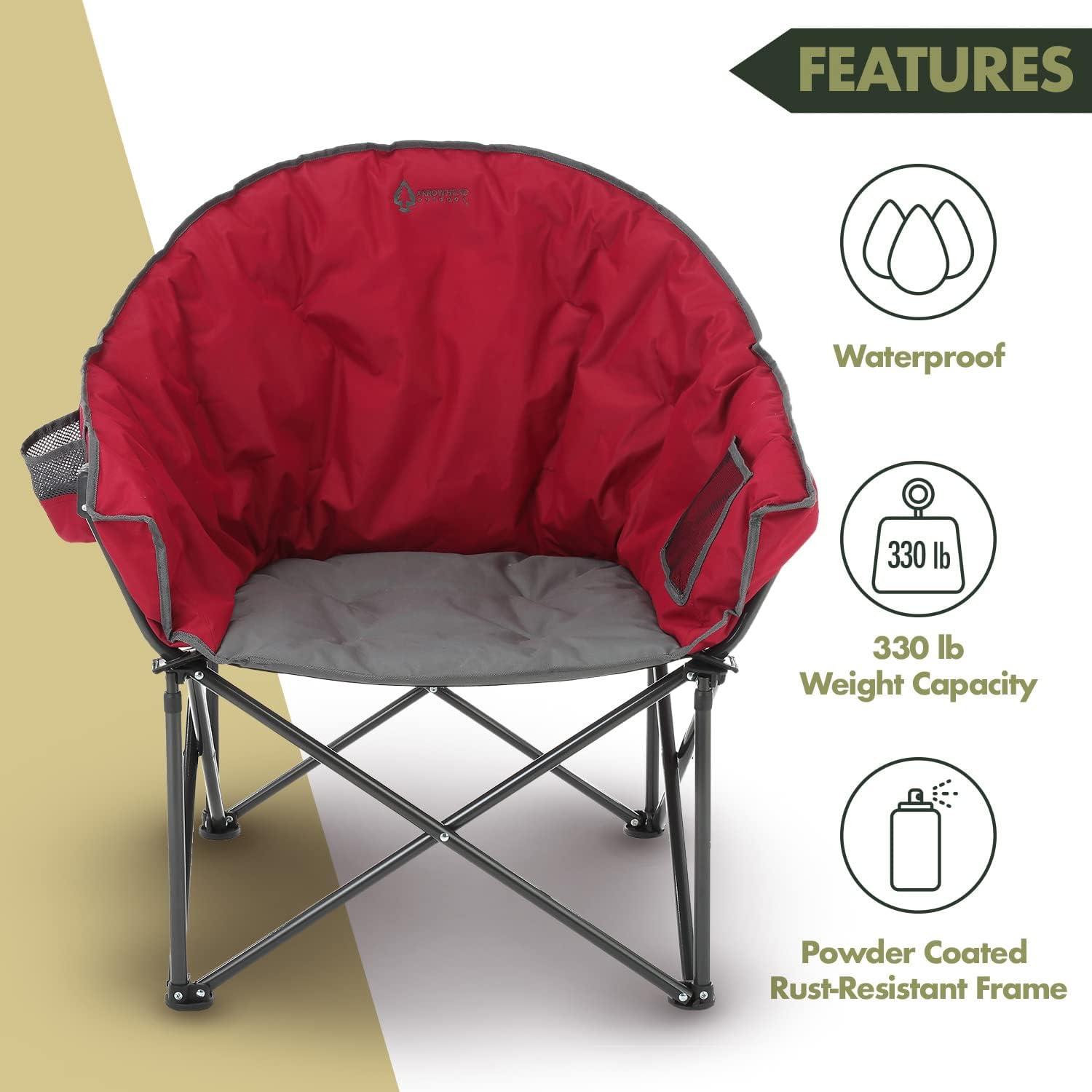 ARROWHEAD OUTDOOR Oversized Heavy-Duty Club Folding Camping Chair w/ External Pocket, Cup Holder, Portable, Padded, Moon, Round, Saucer, Supports 330lbs, Carrying Bag, USA-Based Support (Burgundy Red)