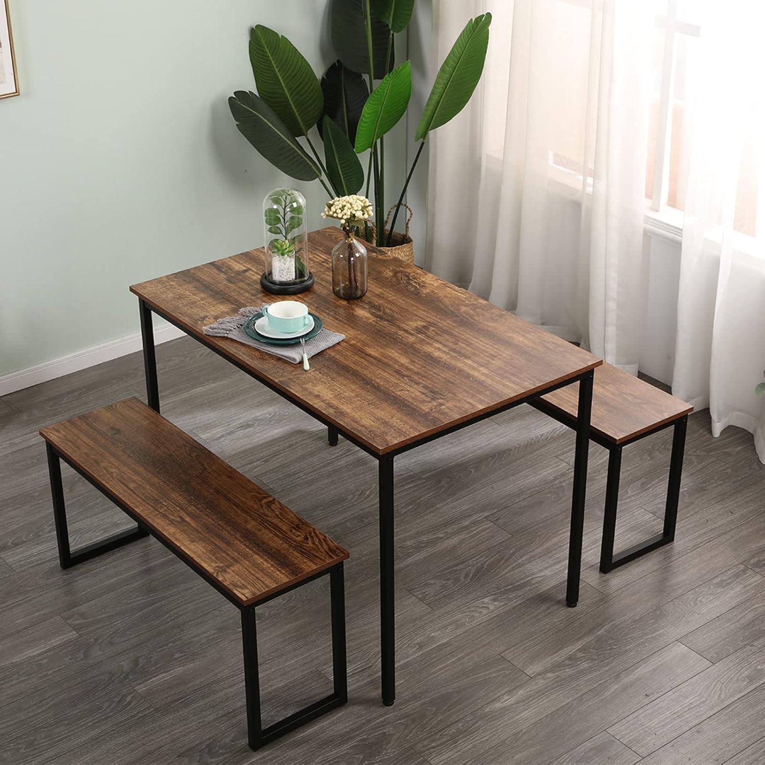 SogesPower Modern Dining Table Set with 2 Benches, 3 Piece Dining Table Set- White