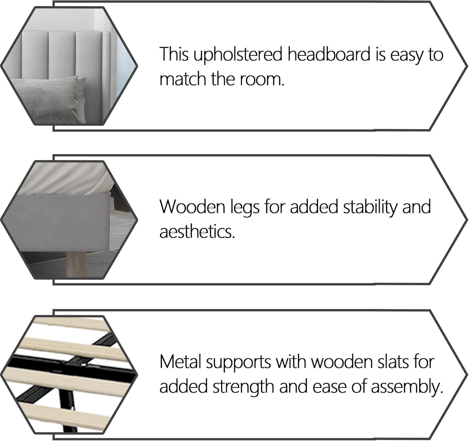 alazyhome Upholstered Platform King Size Bed Frame with Headboard Wooden Slats Support No Noise Easy Assembly Light Grey Linen