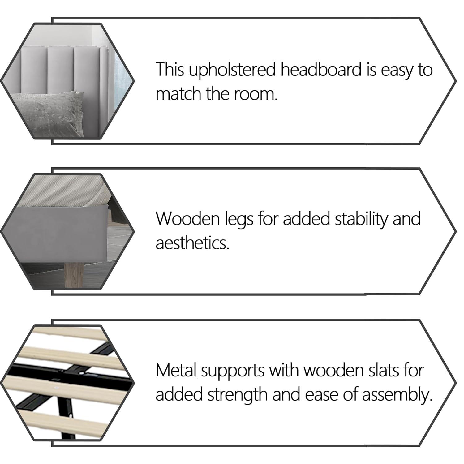 alazyhome Upholstered Platform King Size Bed Frame with Headboard Wooden Slats Support No Noise Easy Assembly Light Grey Linen