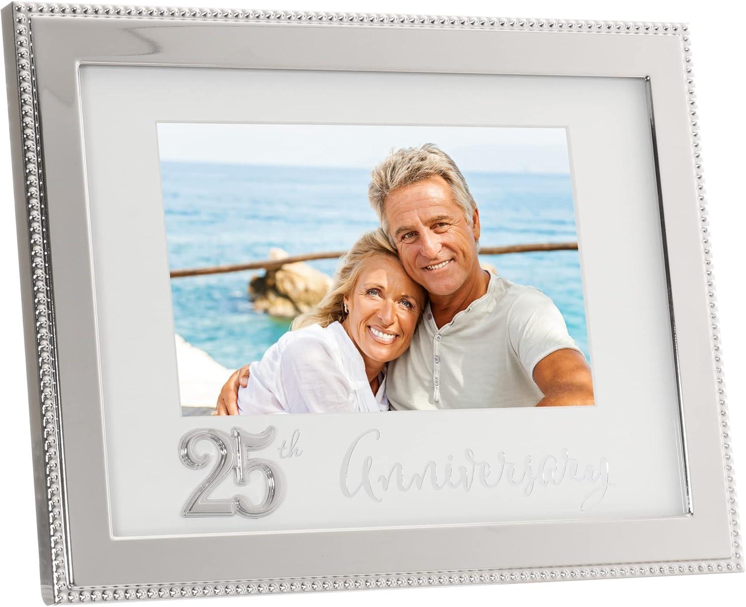 Silver Beaded Metal 25th Anniversary Picture Frame with Velvet Backing