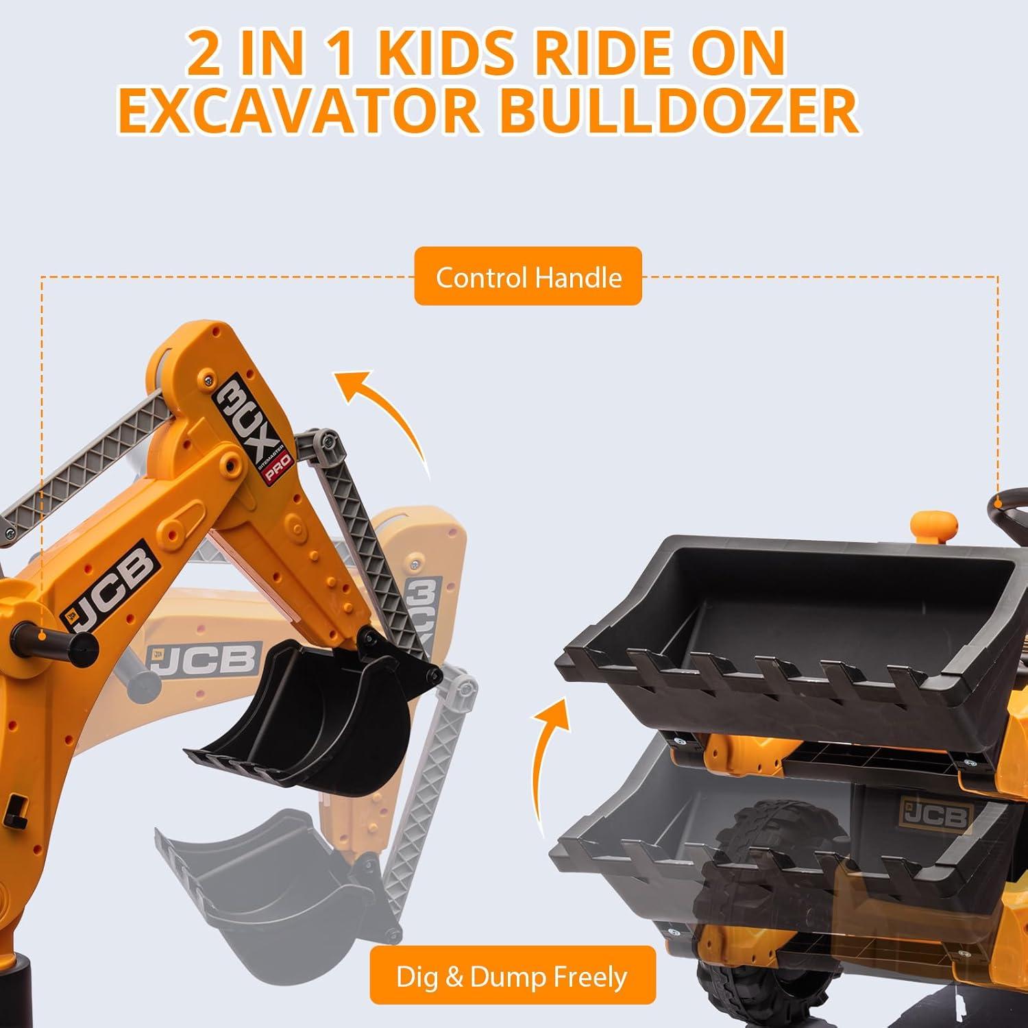 iRerts 4 In 1 Excavator Ride On Toy with Remote Control for Boys, 12V Electric Construction Excavator Tractor Ride On Toy Car w/Front Loader, Digging Bucket, Digger, Ceiling  for Kids 3-6, Yellow