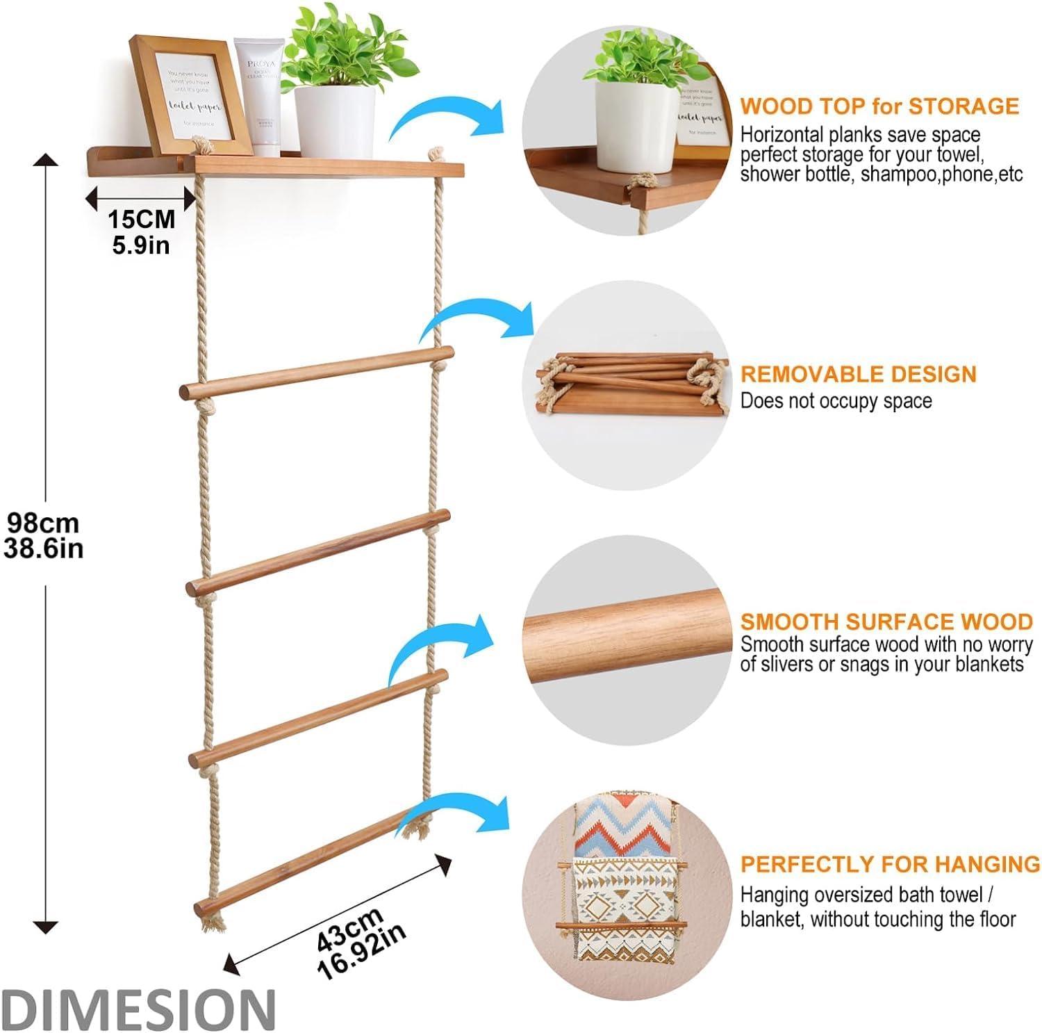 JIAOBAI Wooden Blanket Ladder 5-Layer, 2-in-1 Towel Racks Blanket Quilt Towel Holder Rack Decorative Ladder Home Decor