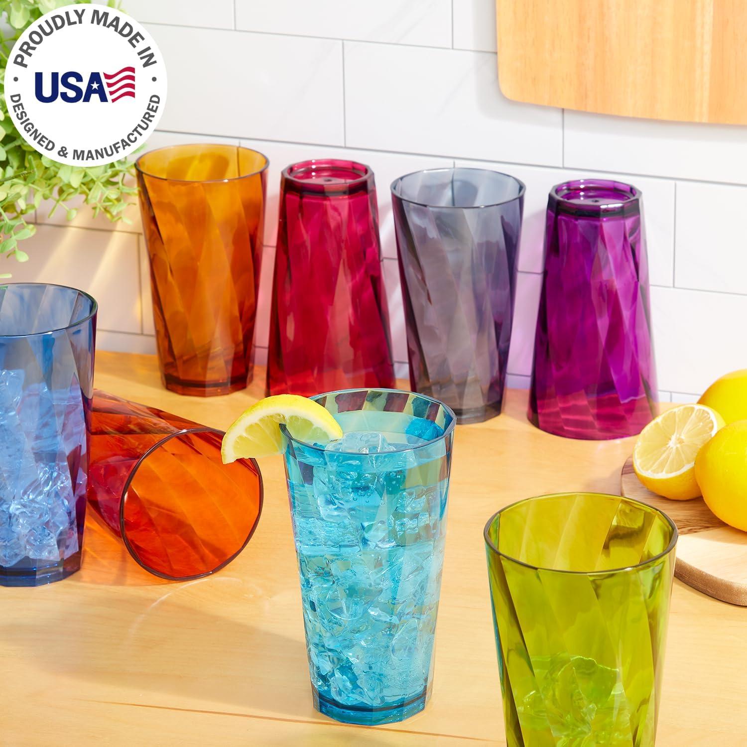 Jewel Tone Rainbow Plastic Drinking Glasses Set of 8, 20oz