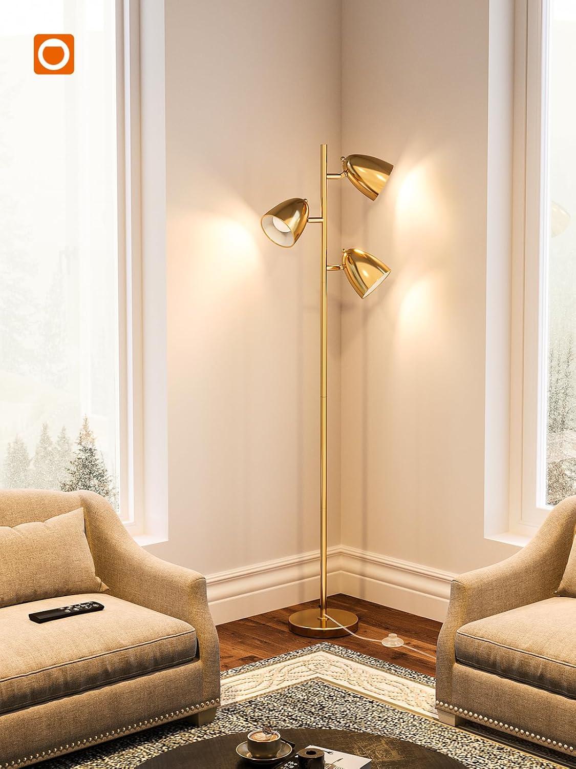 Brightech Jacob 64" Modern 3-Light Adjustable LED Floor Lamp with Gold Brass Finish and Metal Cone Shades, Bulbs Included